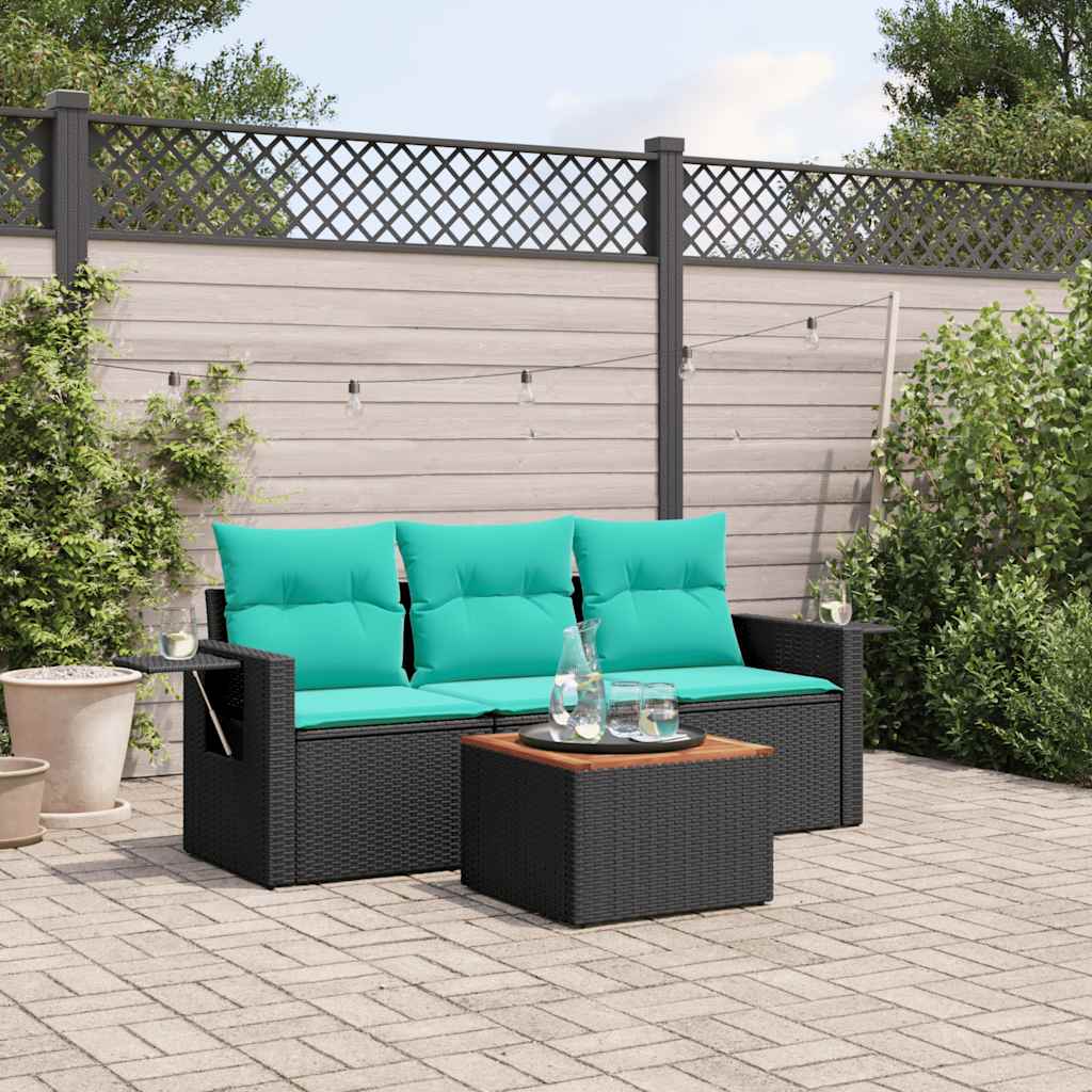 Conjunto de sofá de jardim com 4 peças e almofadas em rattan sintético preto
