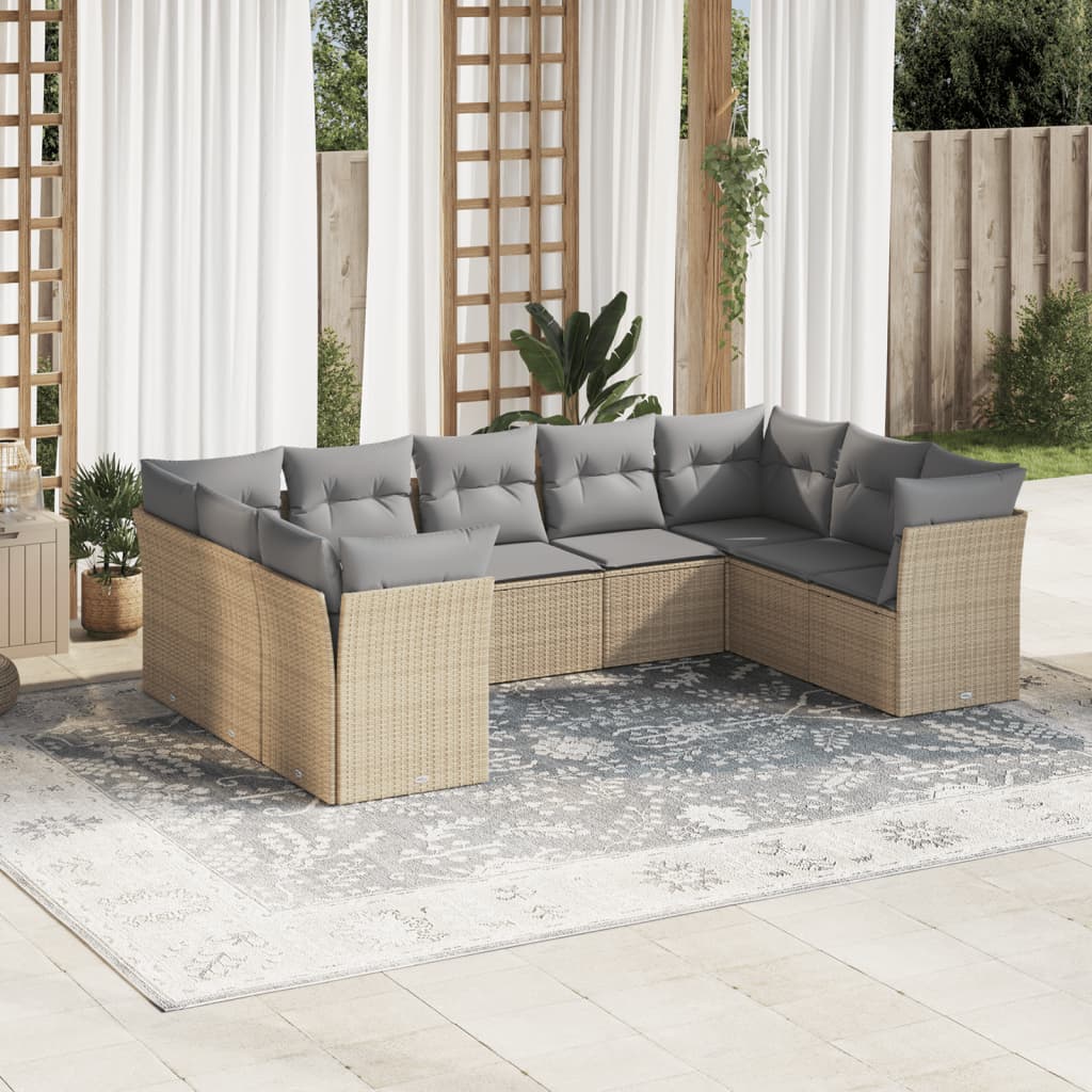9 Pcs conjunto de sofás p/ jardim com almofadões vime PE bege