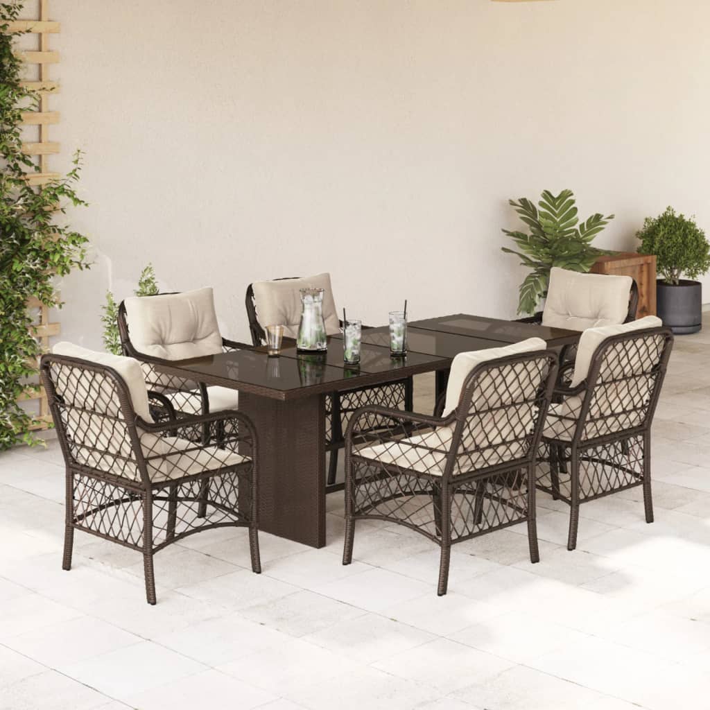 7 Pcs conjunto jantar p/ jardim c/ almofadões vime PE castanho