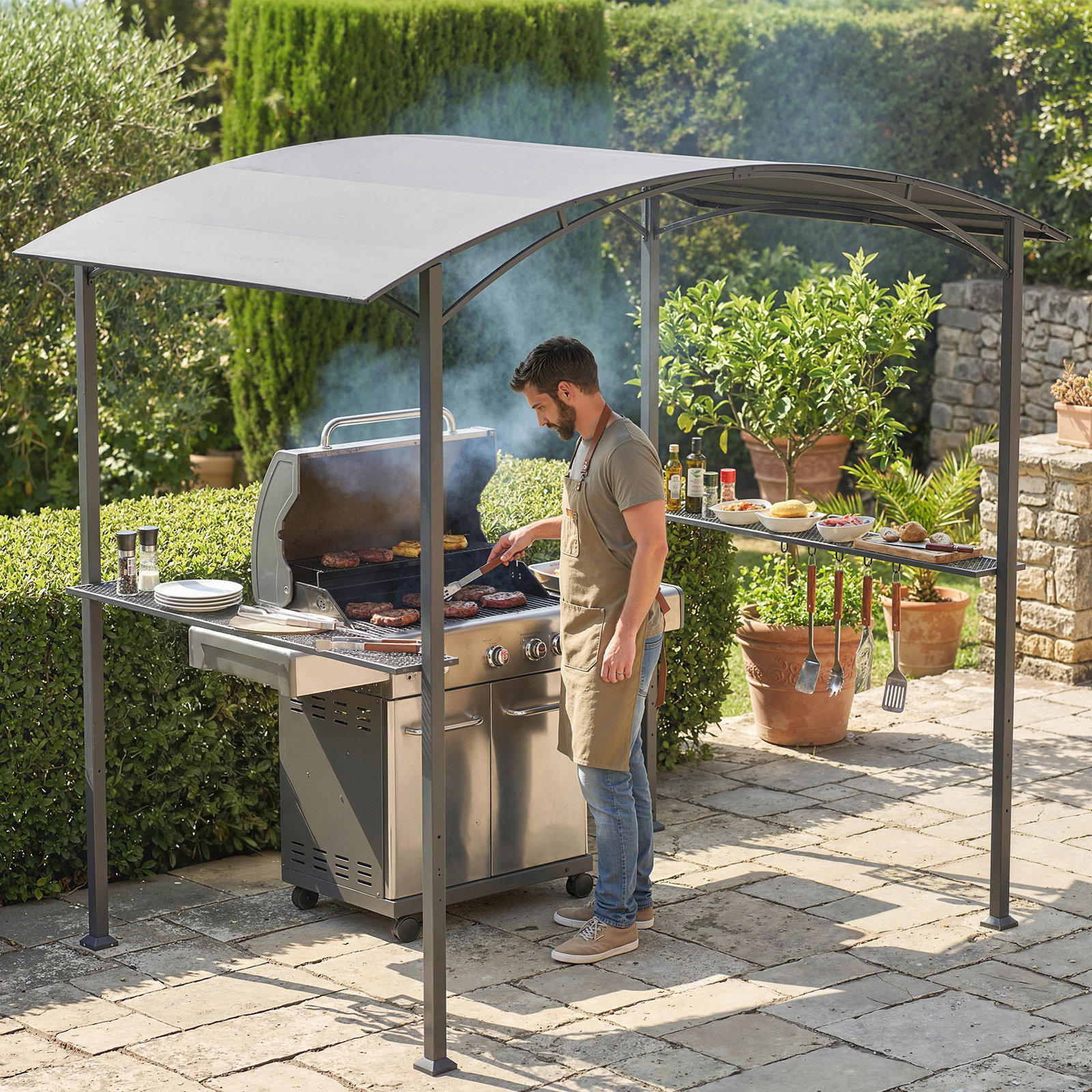 Toldo para jardim de 2,4 x 1,5 m com 2 prateleiras laterais e ganchos, cinzento escuro