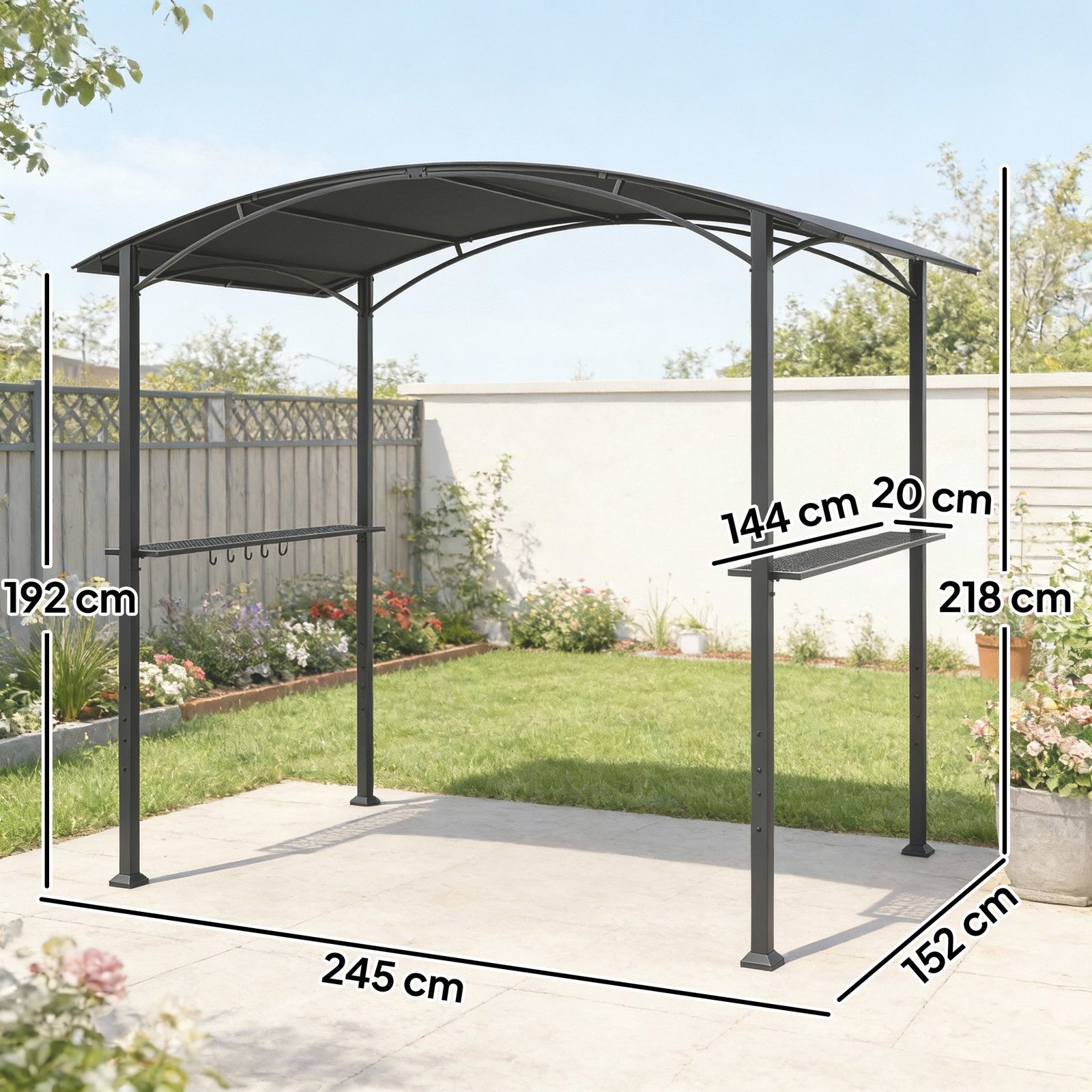 Toldo para jardim de 2,4 x 1,5 m com 2 prateleiras laterais e ganchos, cinzento escuro