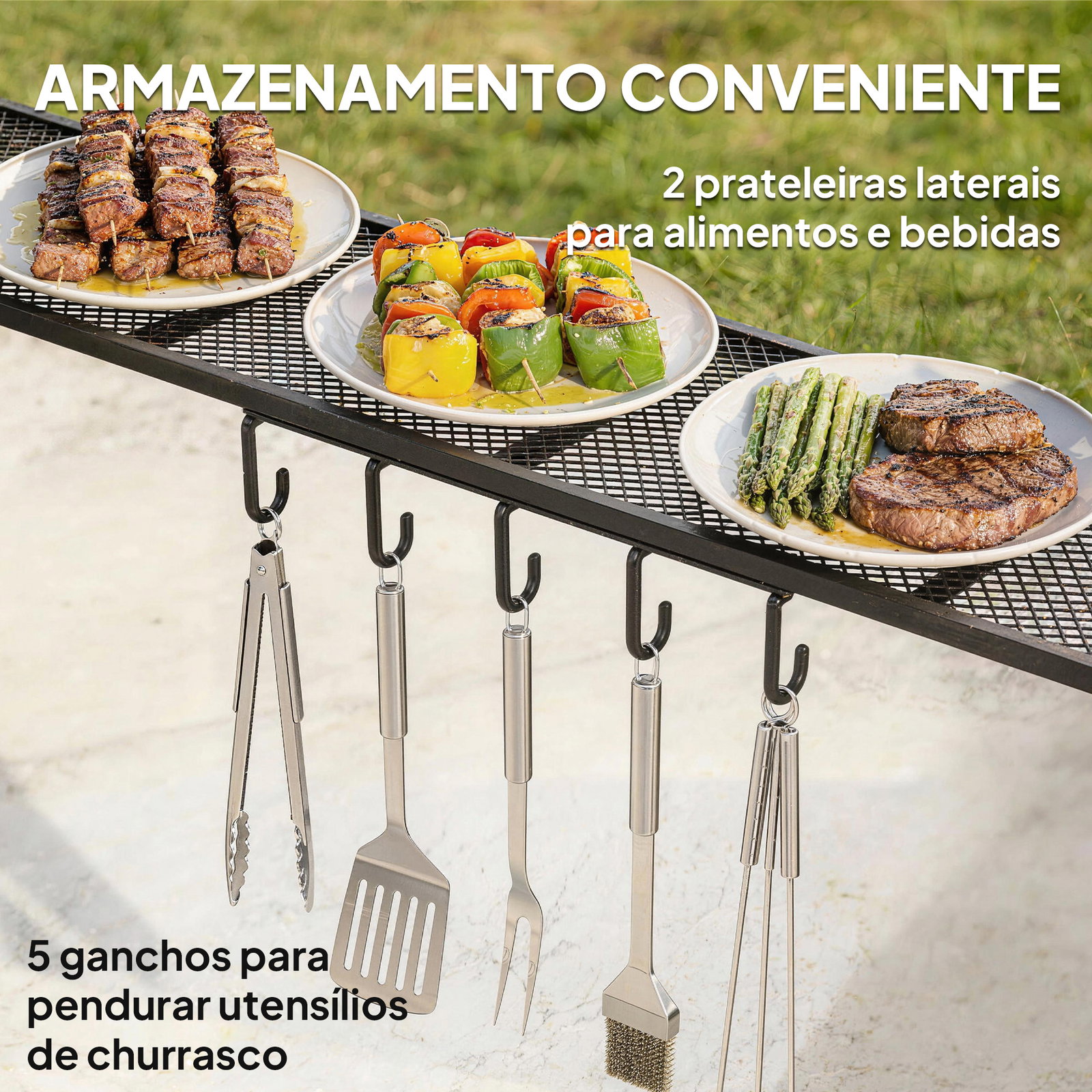 Toldo para jardim de 2,4 x 1,5 m com 2 prateleiras laterais e ganchos, cinzento escuro