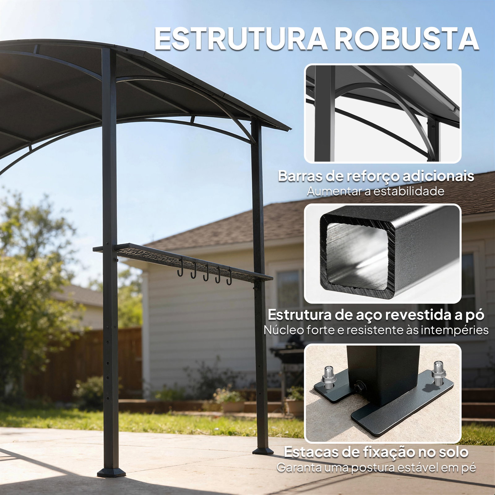 Toldo para jardim de 2,4 x 1,5 m com 2 prateleiras laterais e ganchos, cinzento escuro