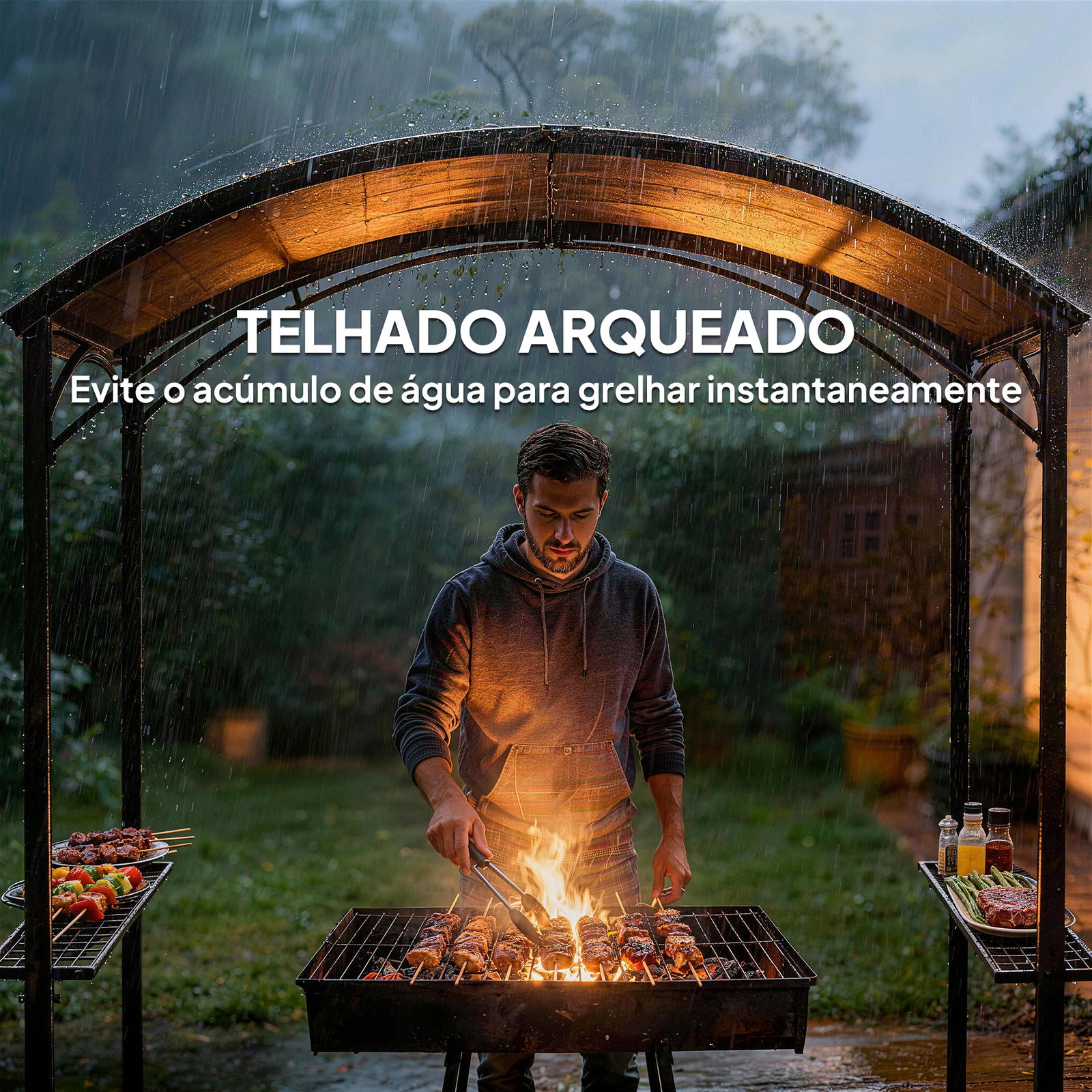 Toldo para jardim de 2,4 x 1,5 m com 2 prateleiras laterais e ganchos, cinzento escuro