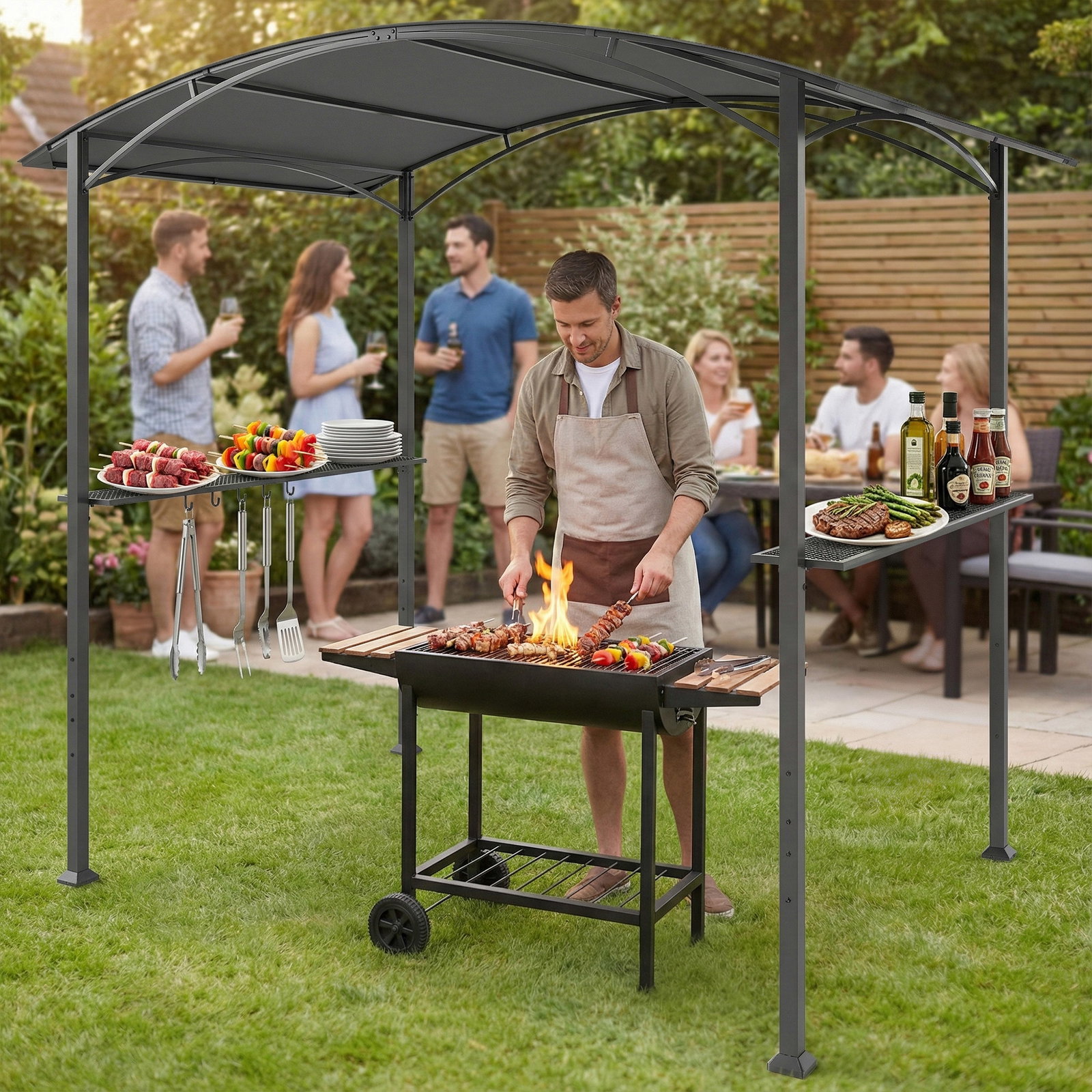 Toldo para jardim de 2,4 x 1,5 m com 2 prateleiras laterais e ganchos, cinzento escuro