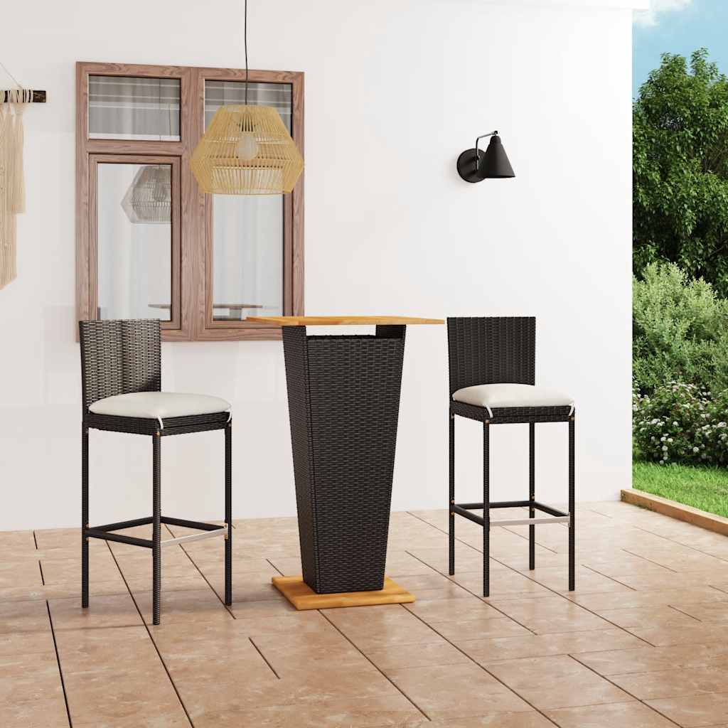 3 Pcs conjunto bar de jardim com almofadões vime PE preto