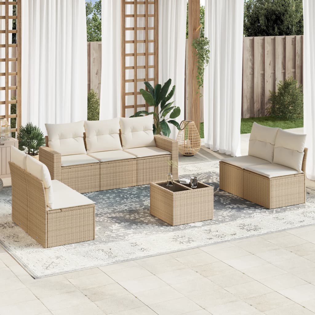 8 Pcs conjunto de sofás p/ jardim com almofadões vime PE bege