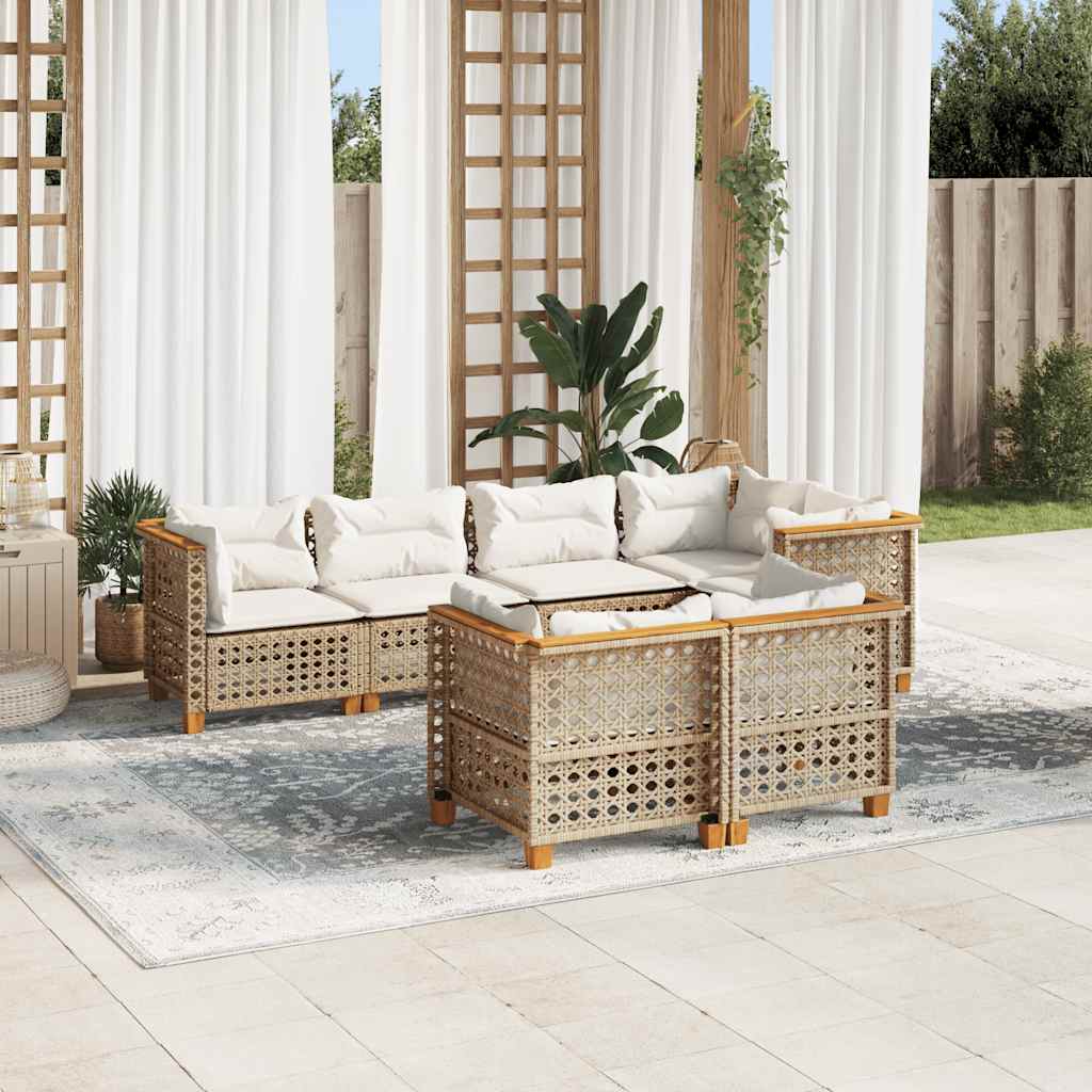 7 Pcs conjunto de sofás p/ jardim com almofadões vime PE bege