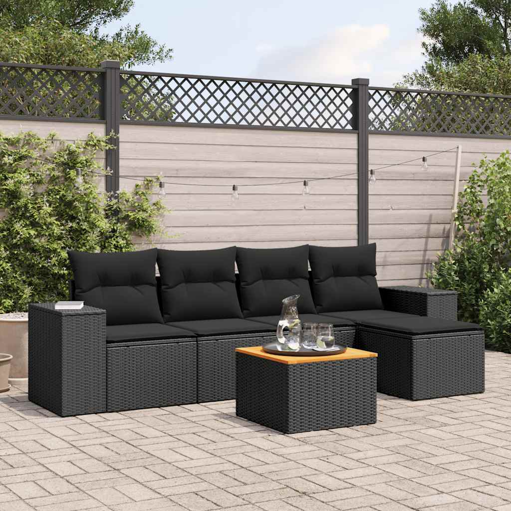 6 Pcs conjunto sofás de jardim c/ almofadões vime PE preto