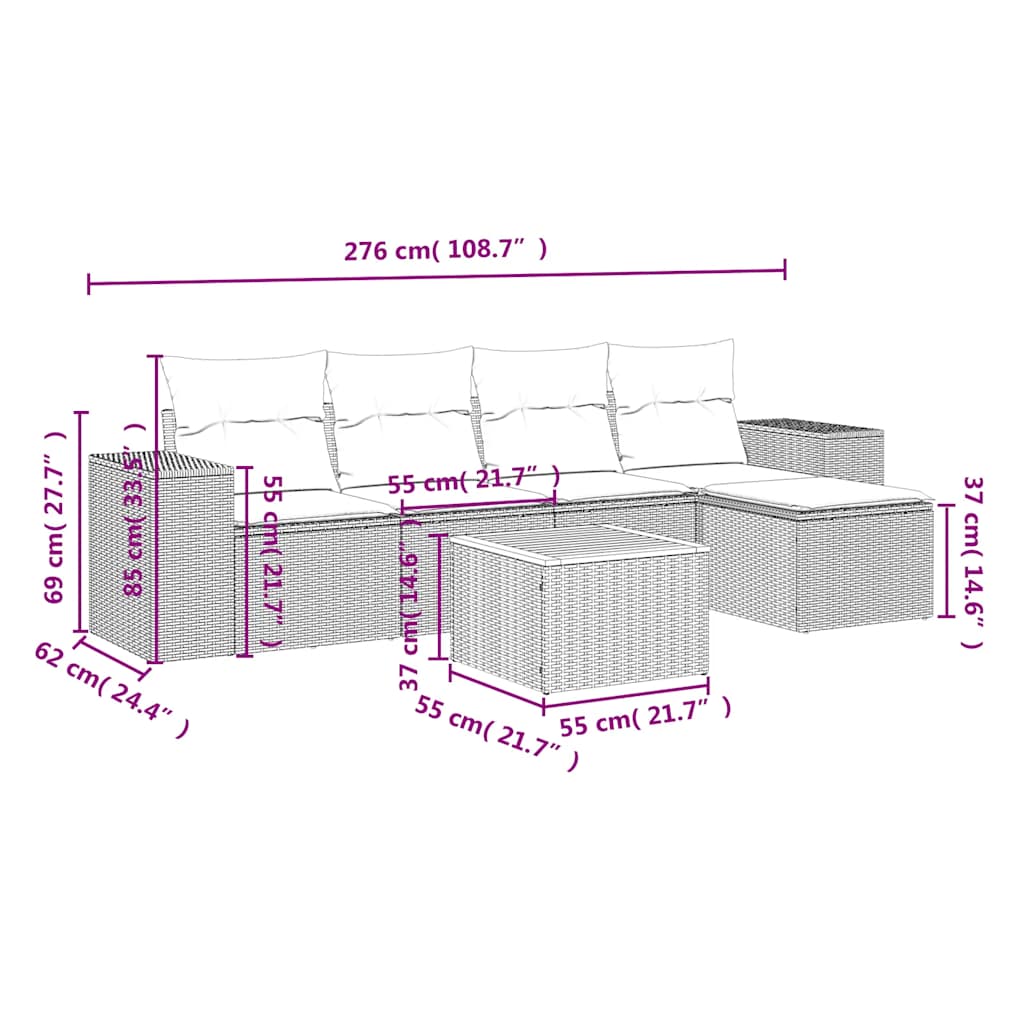 6 Pcs conjunto sofás de jardim c/ almofadões vime PE preto