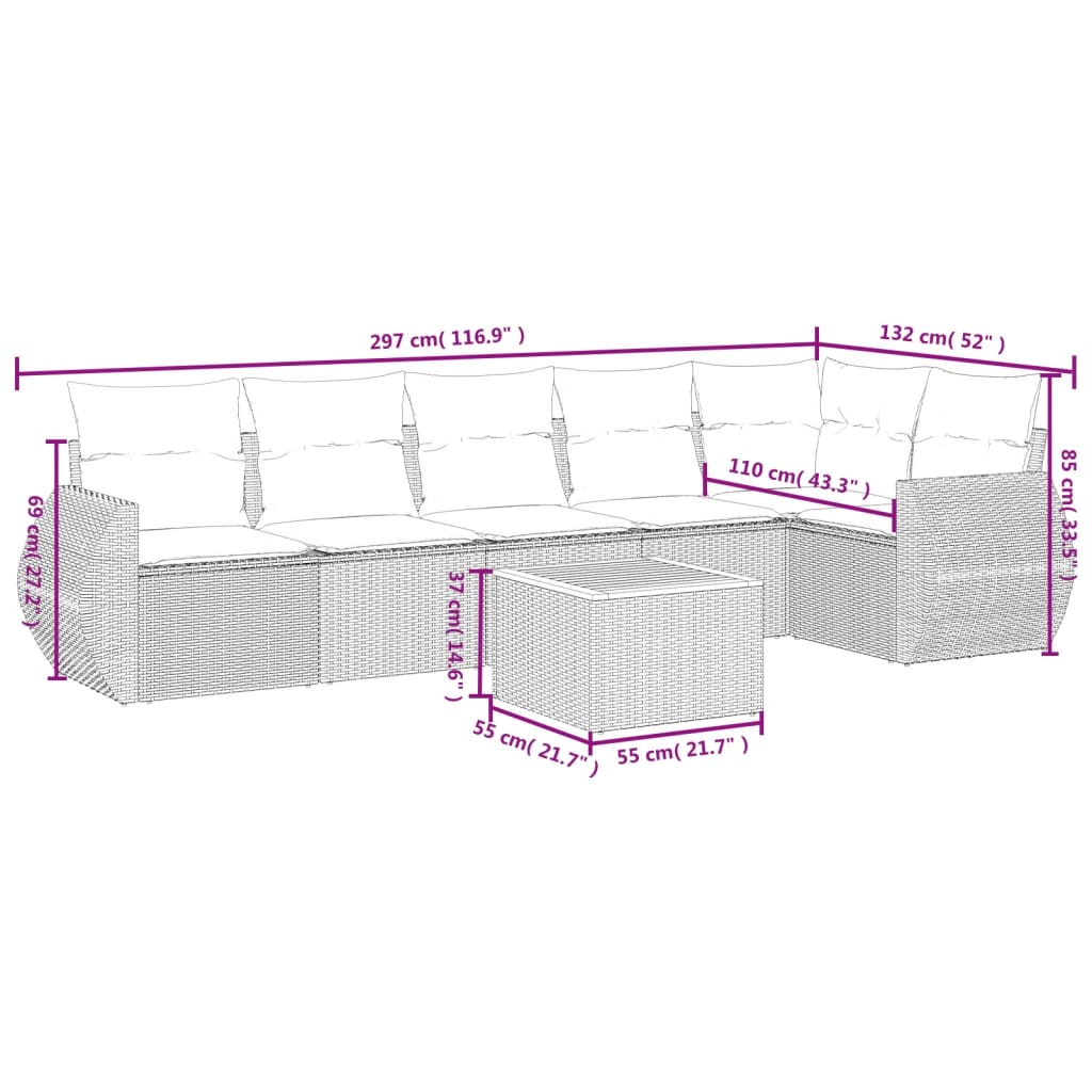 7 Pcs conjunto de sofás p/ jardim c/ almofadões vime PE preto