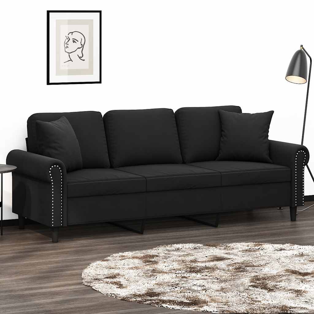 Sofá 3 lugares c/ almofadas decorativas 180 cm veludo preto
