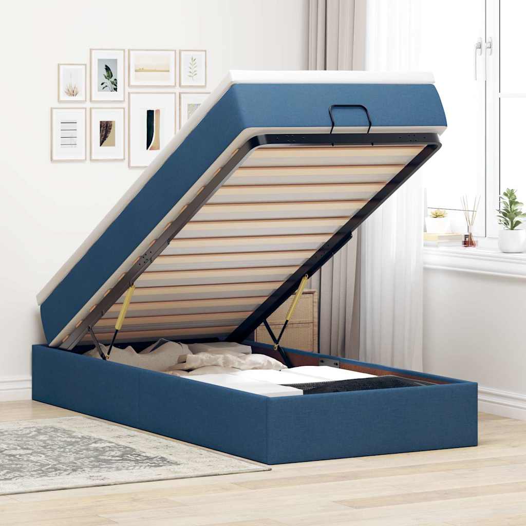Estrutura de cama otomana com colchão tecido azul 90x190cm