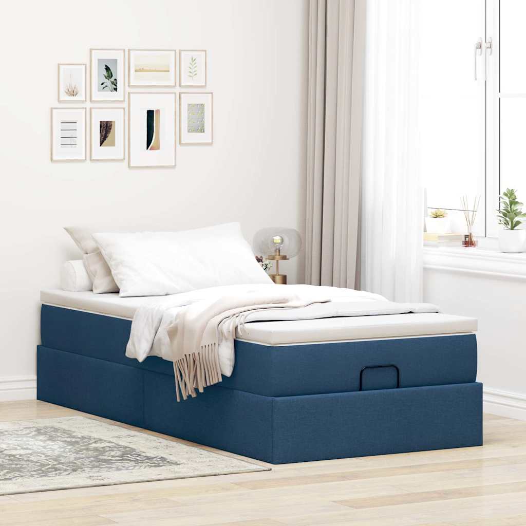 Estrutura de cama otomana com colchão tecido azul 90x190cm