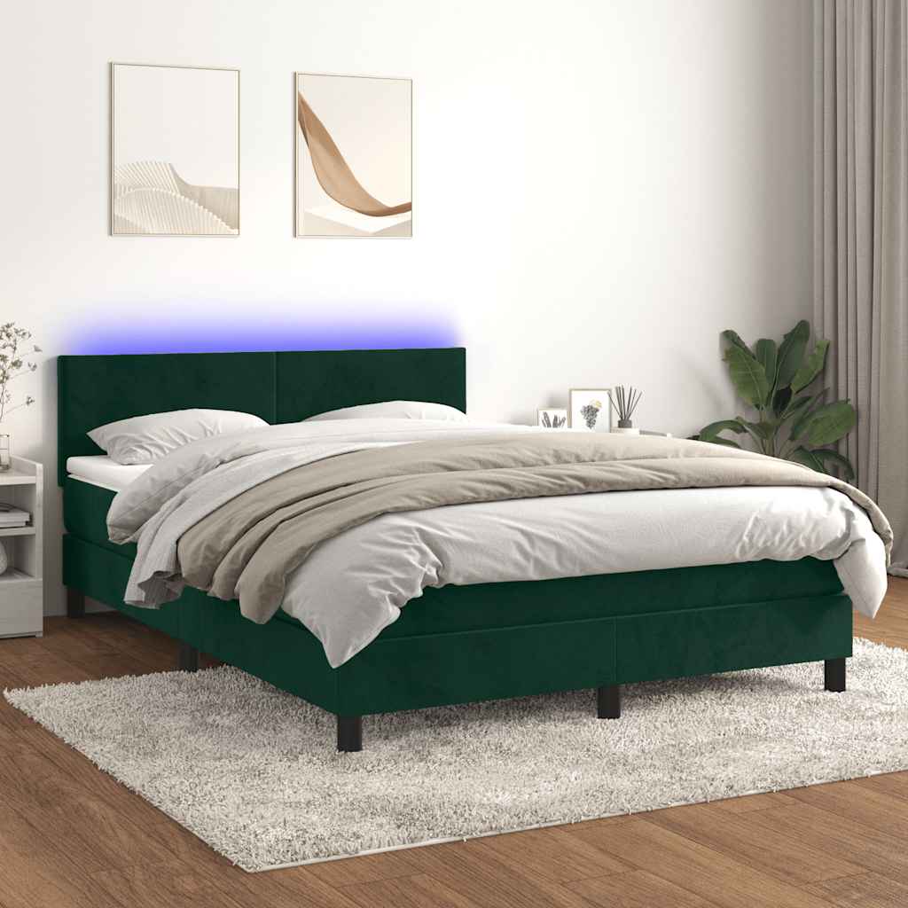 Cama box spring c/ colchão/LED 140x200 cm veludo verde-escuro