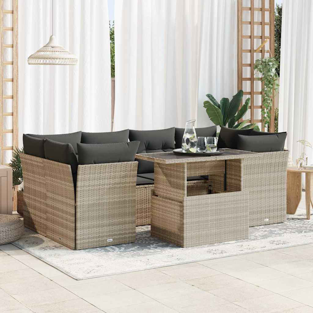 7 Pcs conj. sofás jardim com almofadões vime PE cinzento-claro