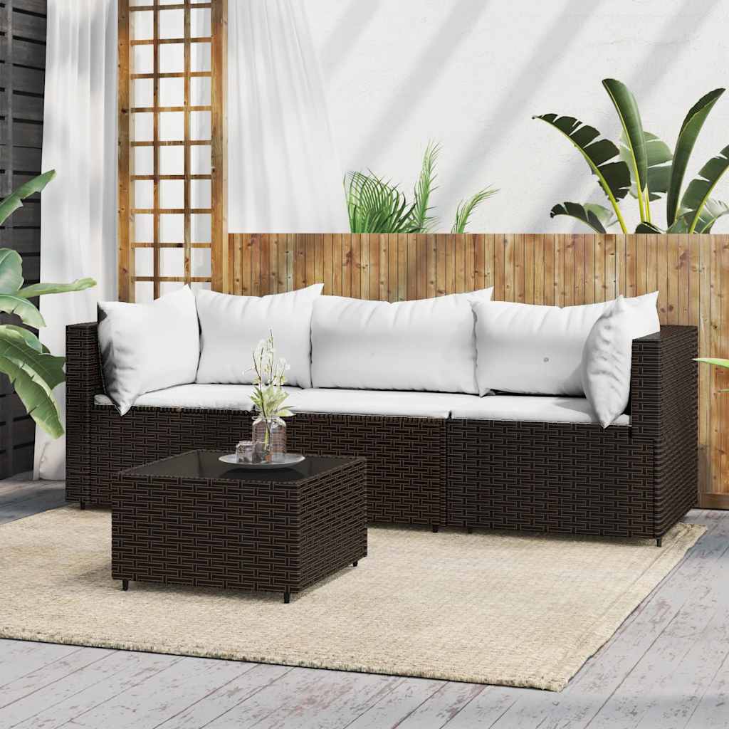 4 Pcs conjunto lounge jardim c/ almofadões vime PE castanho