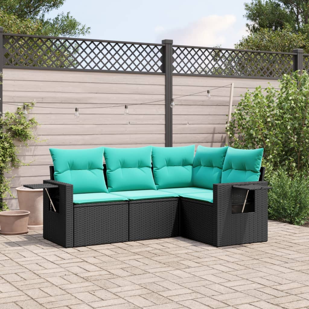 Conjunto de sofá de jardim com 4 peças e almofadas em rattan sintético preto
