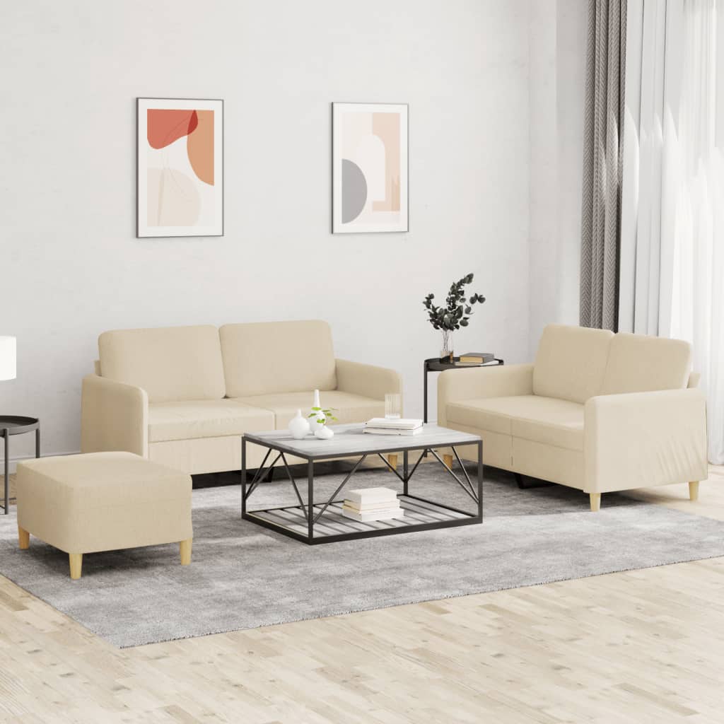3 Pcs conjunto de sofás com almofadões tecido cor creme