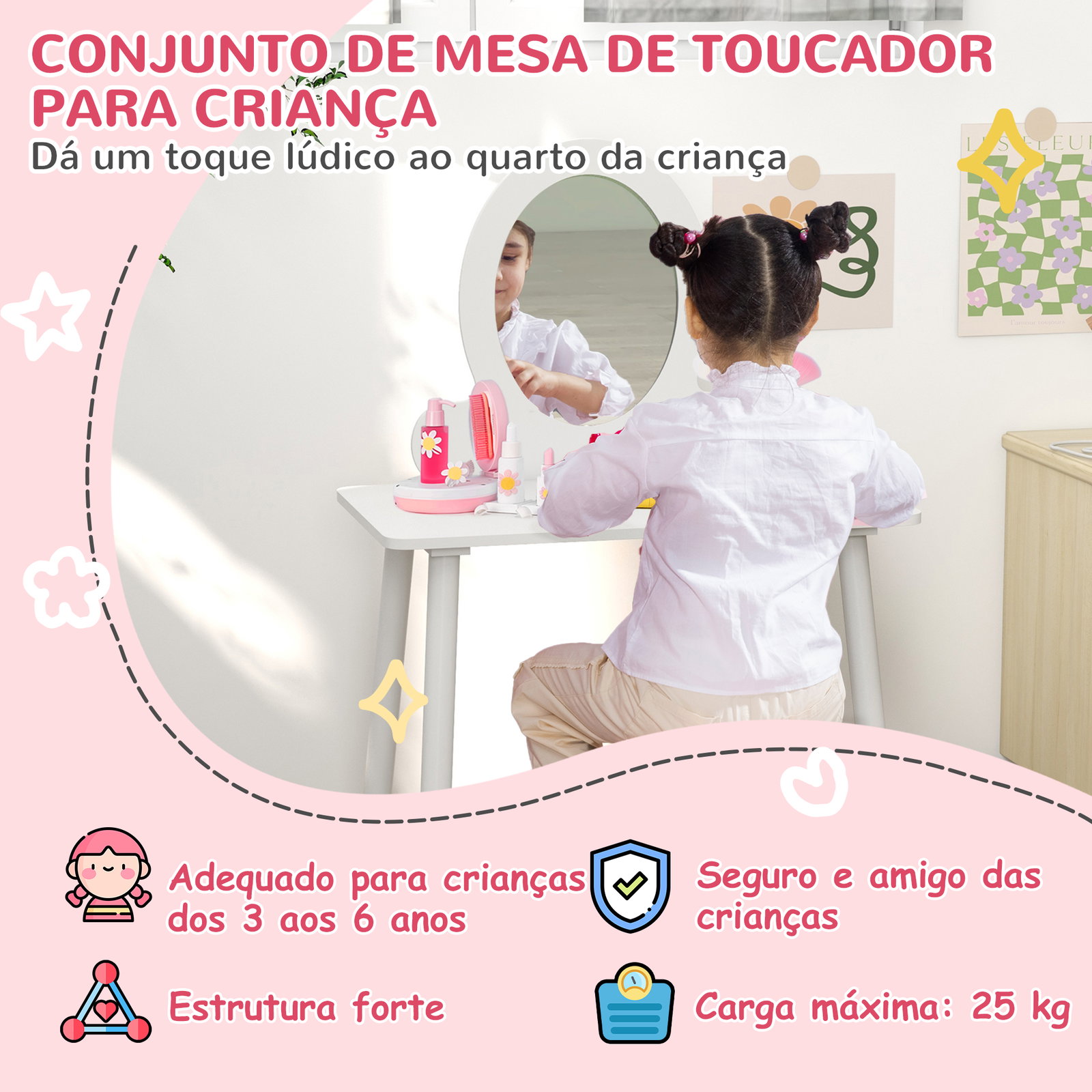 Toucador para crianças com banco toucador de maquilhagem para crianças acima de 3 anos toucador infantil com espelho branco
