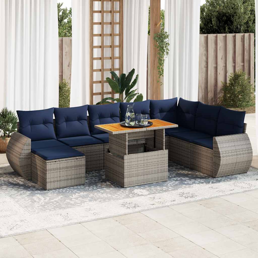9 Pcs conjunto sofás p/ jardim com almofadões vime PE cinzento
