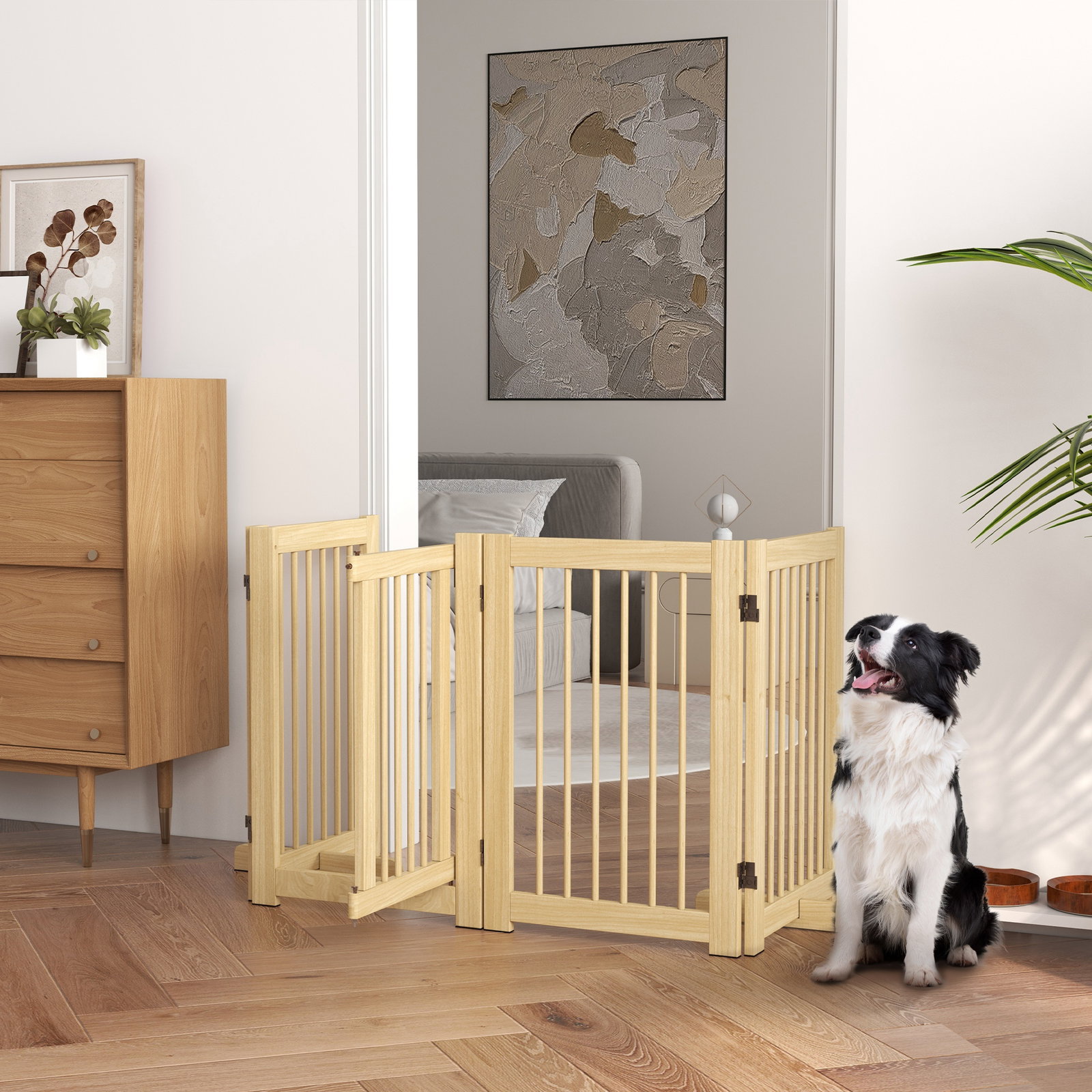 Barreira de segurança para cães em madeira dobrável para escadas e portas para cães pequenos e médios de 4 painéis 204x36x75 cm madeira