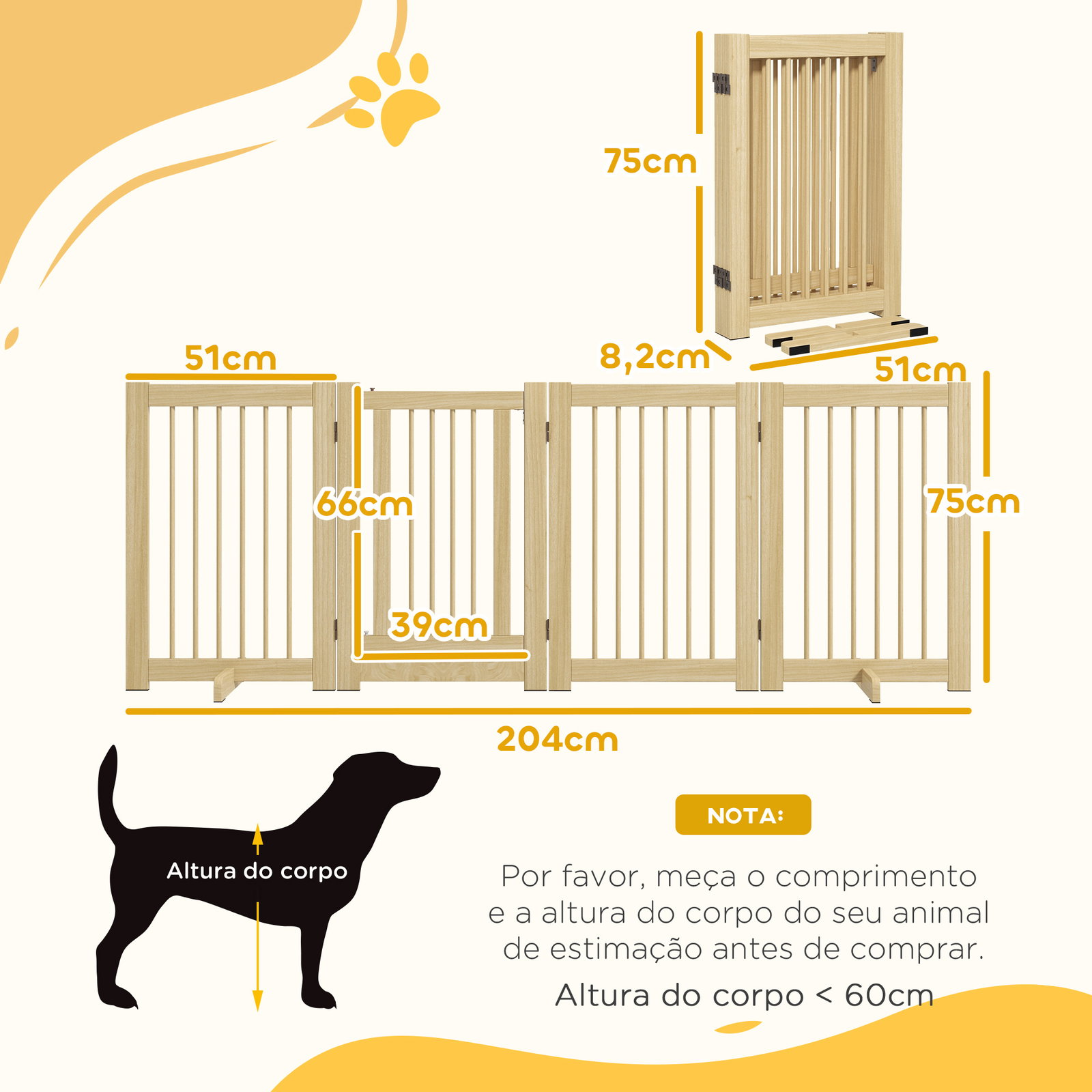 Barreira de segurança para cães em madeira dobrável para escadas e portas para cães pequenos e médios de 4 painéis 204x36x75 cm madeira