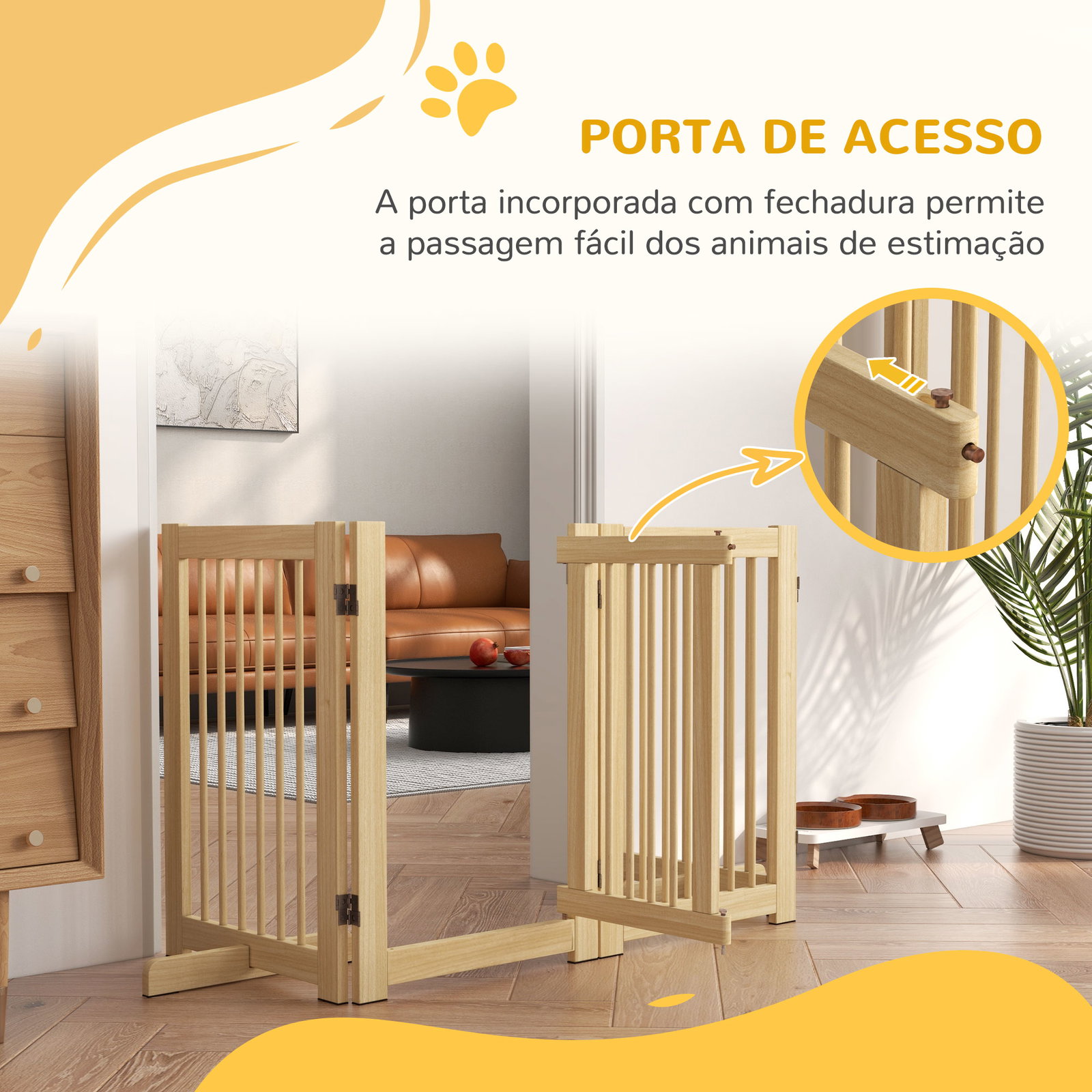 Barreira de segurança para cães em madeira dobrável para escadas e portas para cães pequenos e médios de 4 painéis 204x36x75 cm madeira