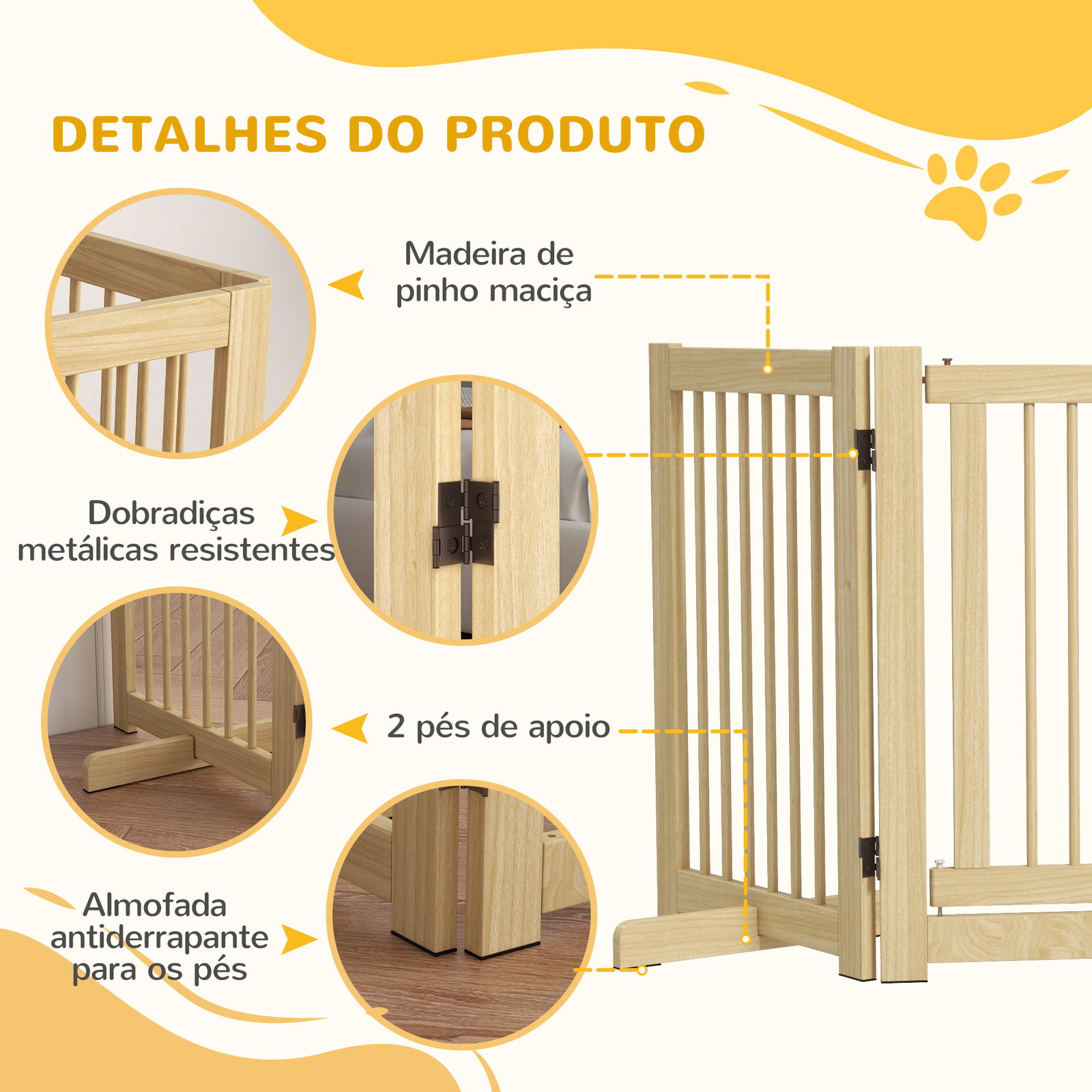 Barreira de segurança para cães em madeira dobrável para escadas e portas para cães pequenos e médios de 4 painéis 204x36x75 cm madeira