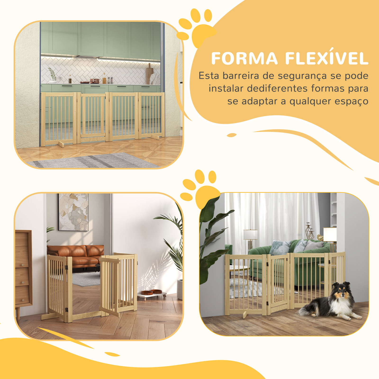 Barreira de segurança para cães em madeira dobrável para escadas e portas para cães pequenos e médios de 4 painéis 204x36x75 cm madeira