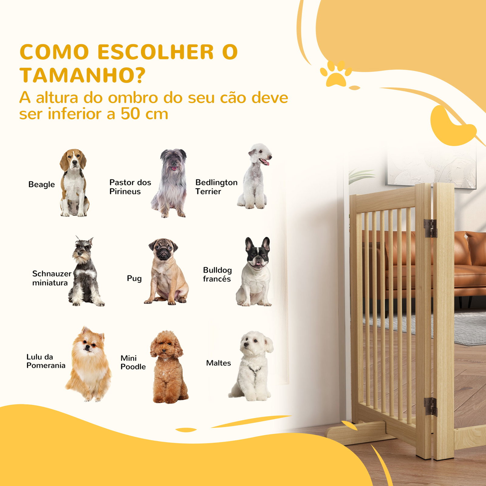 Barreira de segurança para cães em madeira dobrável para escadas e portas para cães pequenos e médios de 4 painéis 204x36x75 cm madeira