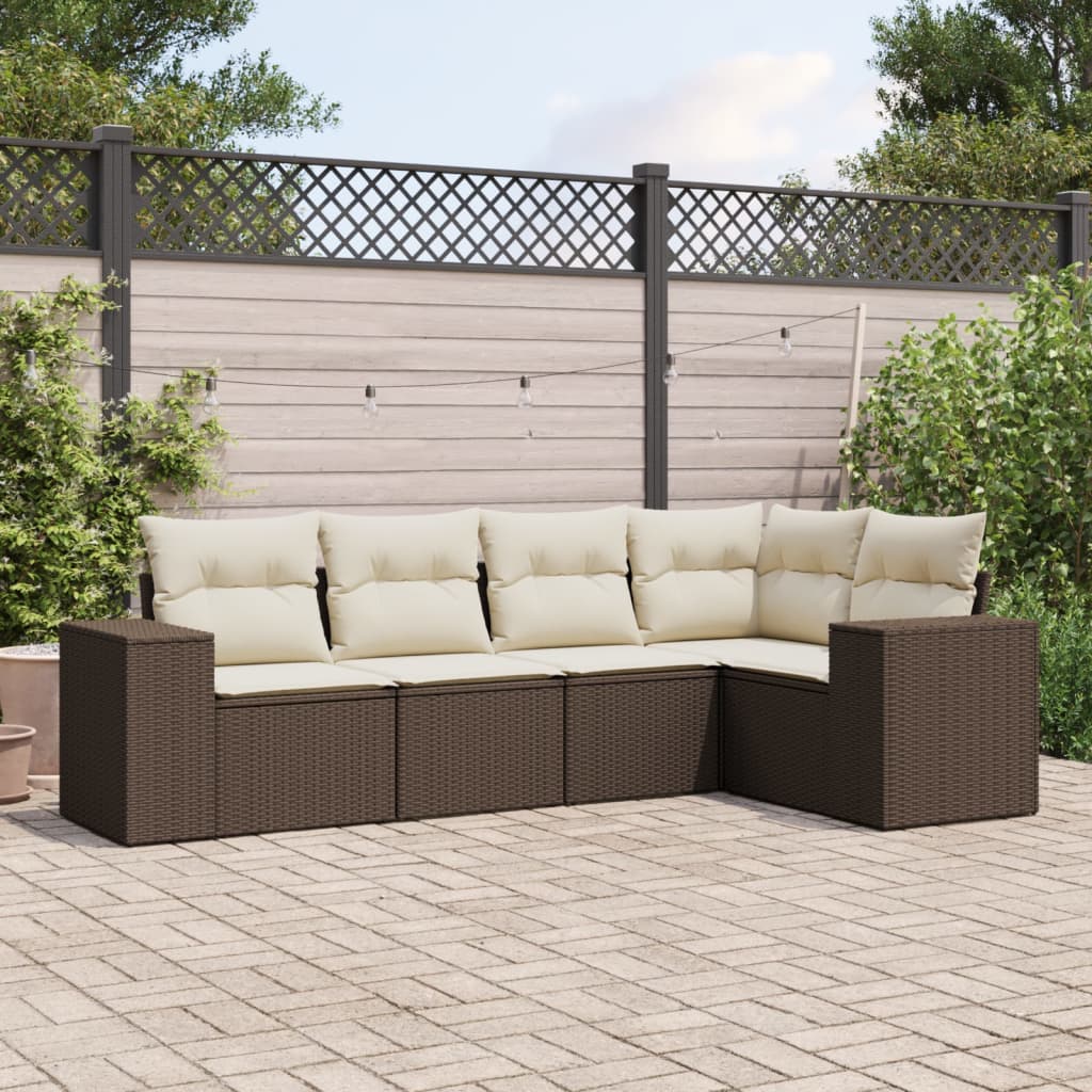 5 Pcs conjunto sofás p/ jardim c/ almofadões vime PE castanho