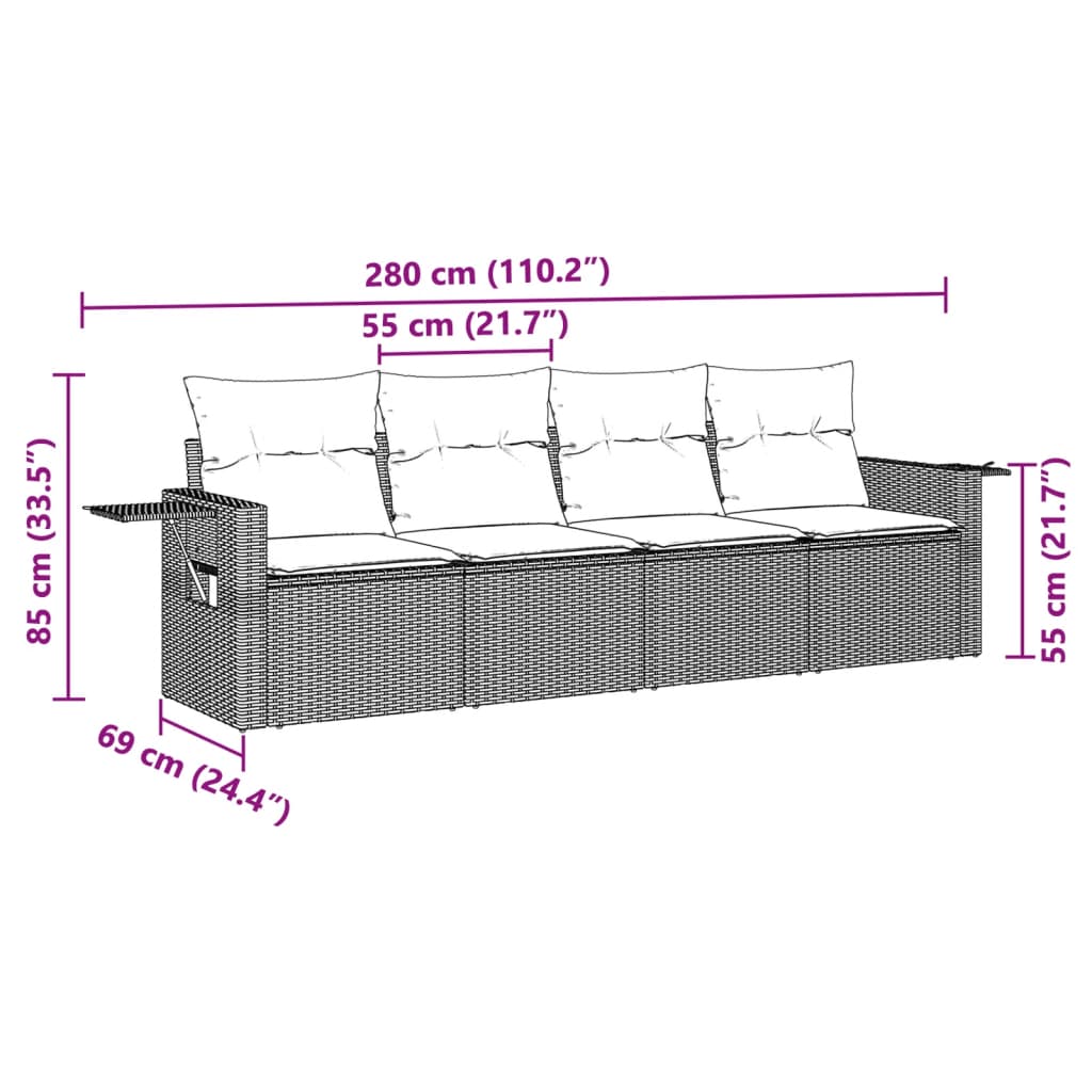 4 Pcs conj. sofás jardim c/ almofadões vime PE cinzento-claro