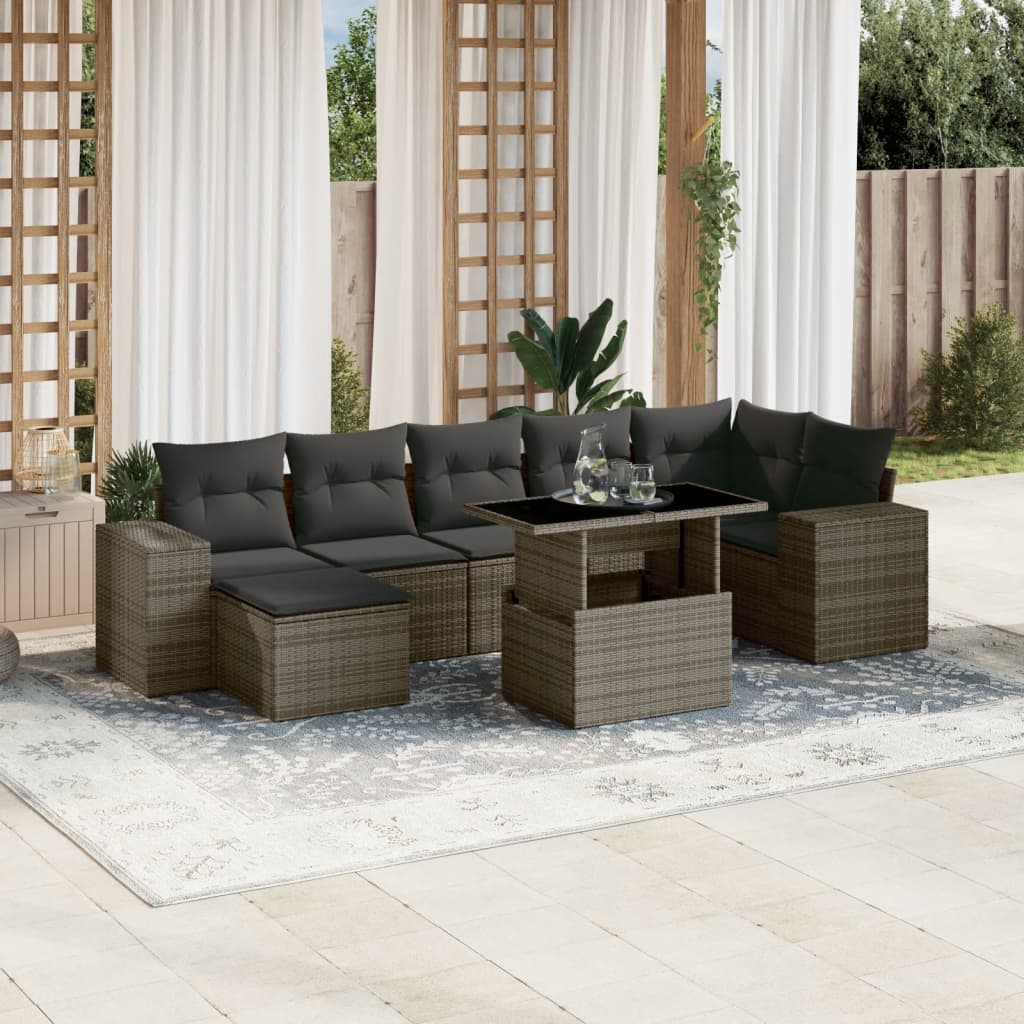 8 Pcs conjunto sofás de jardim c/ almofadões vime PE cinzento