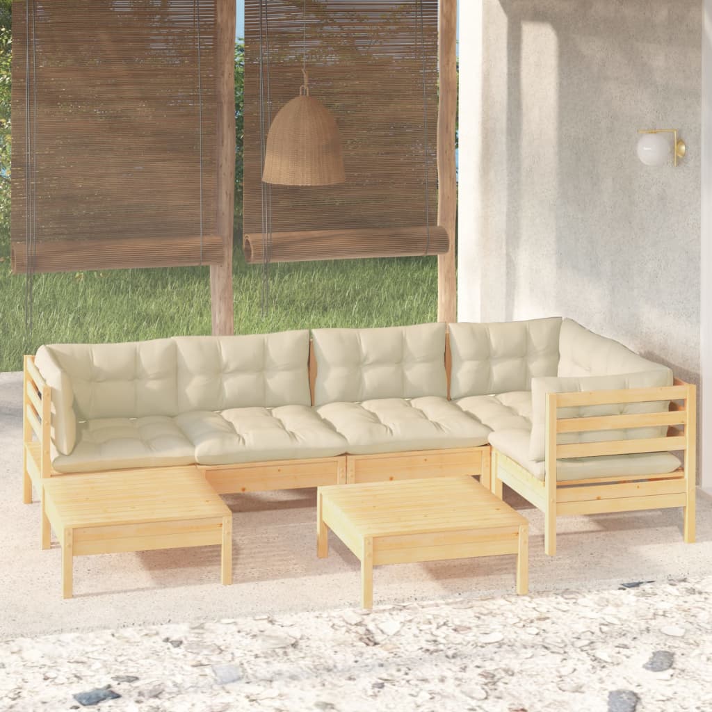 7 Pcs conjunto lounge jardim c/ almofadões creme pinho maciço