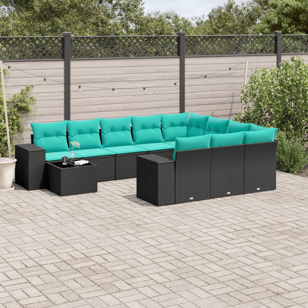 Conjunto de sofá de jardim com 11 peças e almofadas em rattan sintético preto