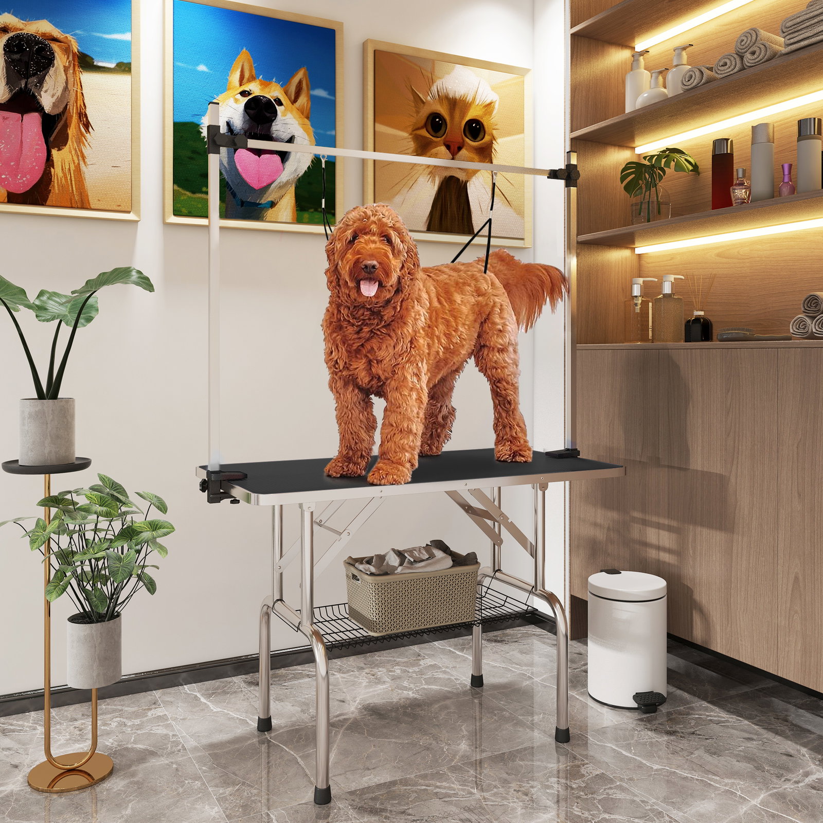 Mesa de tosquia para cães dobrável com prateleira de armazenamento e altura ajustável 20-80 cm 107x60x170 cm preto