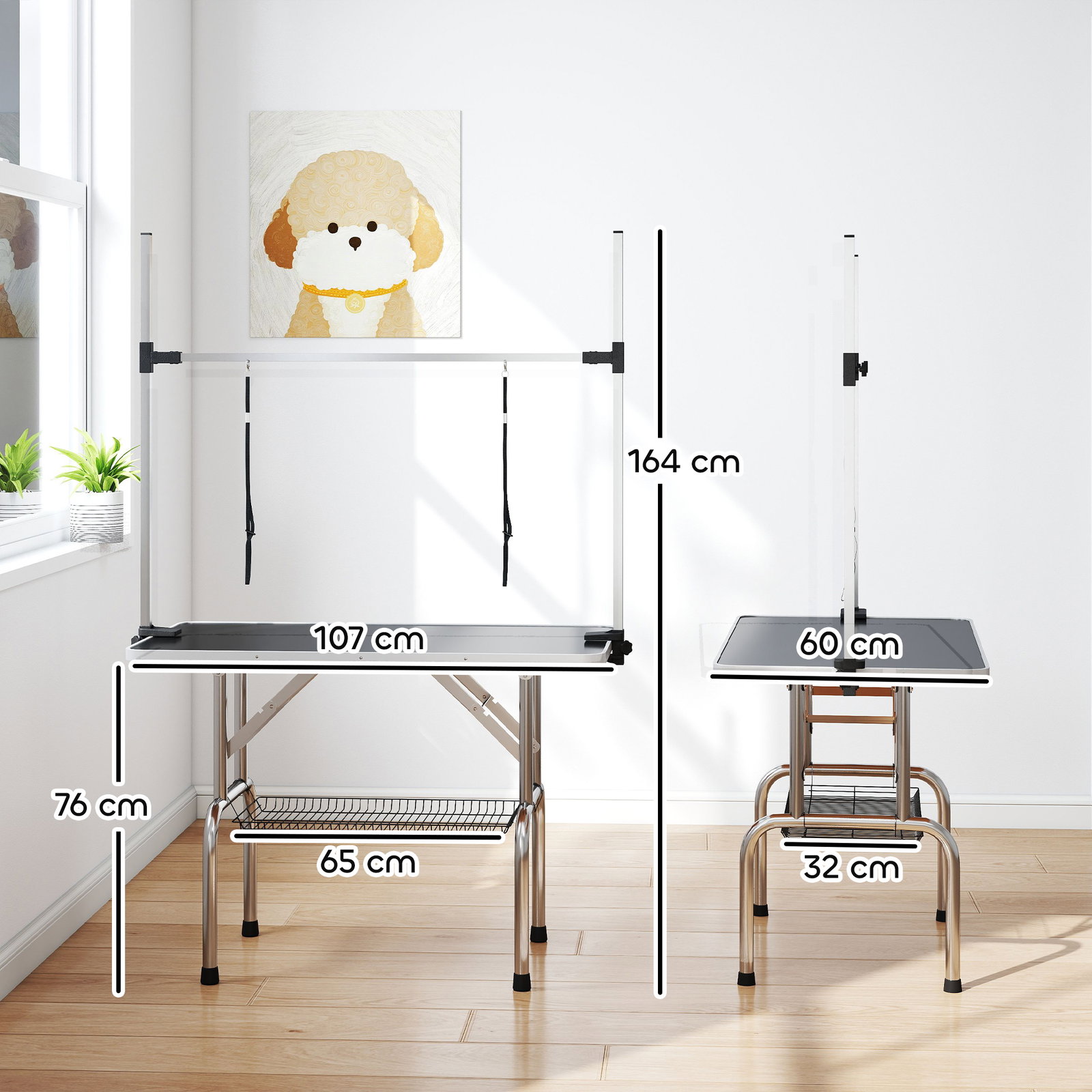 Mesa de tosquia para cães dobrável com prateleira de armazenamento e altura ajustável 20-80 cm 107x60x170 cm preto