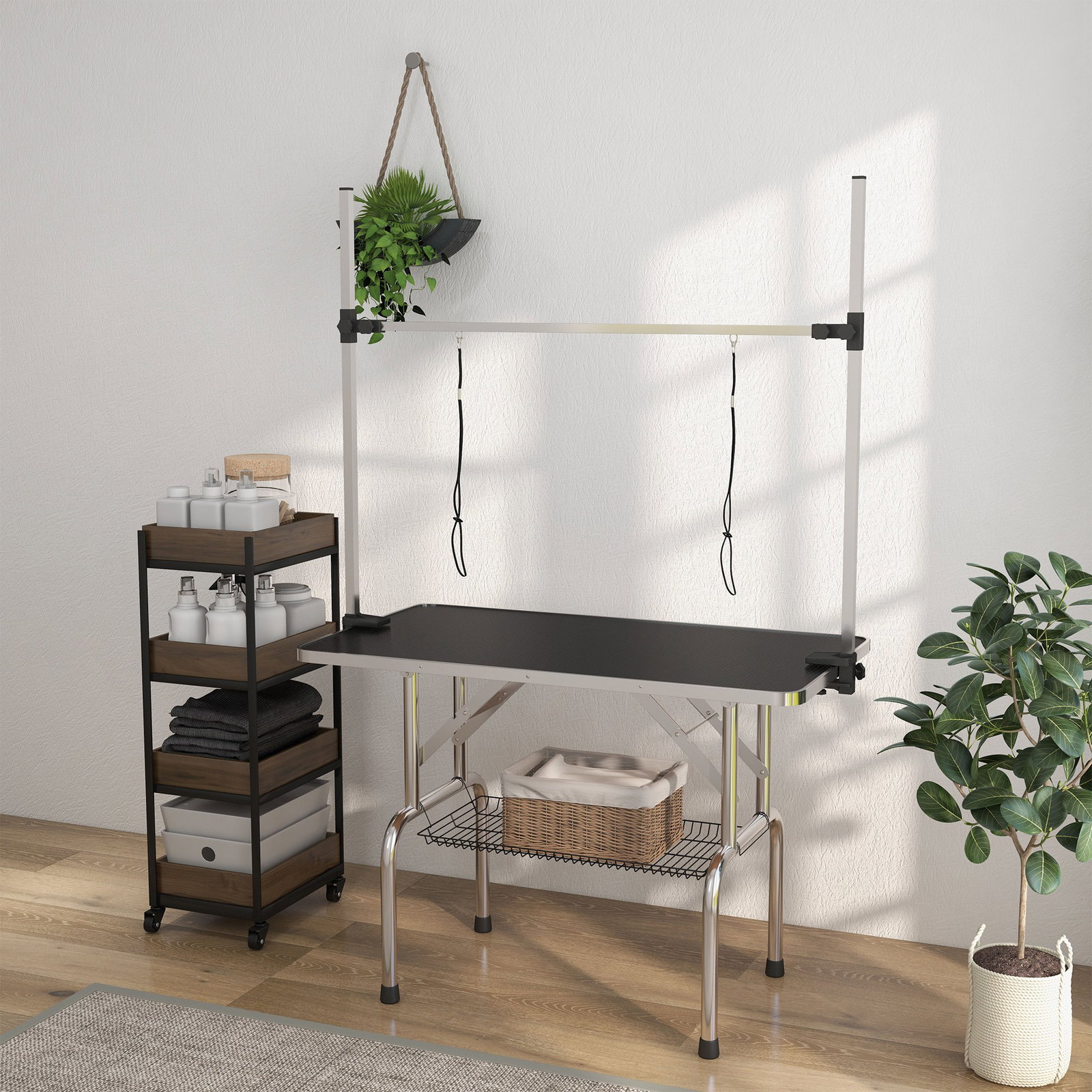 Mesa de tosquia para cães dobrável com prateleira de armazenamento e altura ajustável 20-80 cm 107x60x170 cm preto