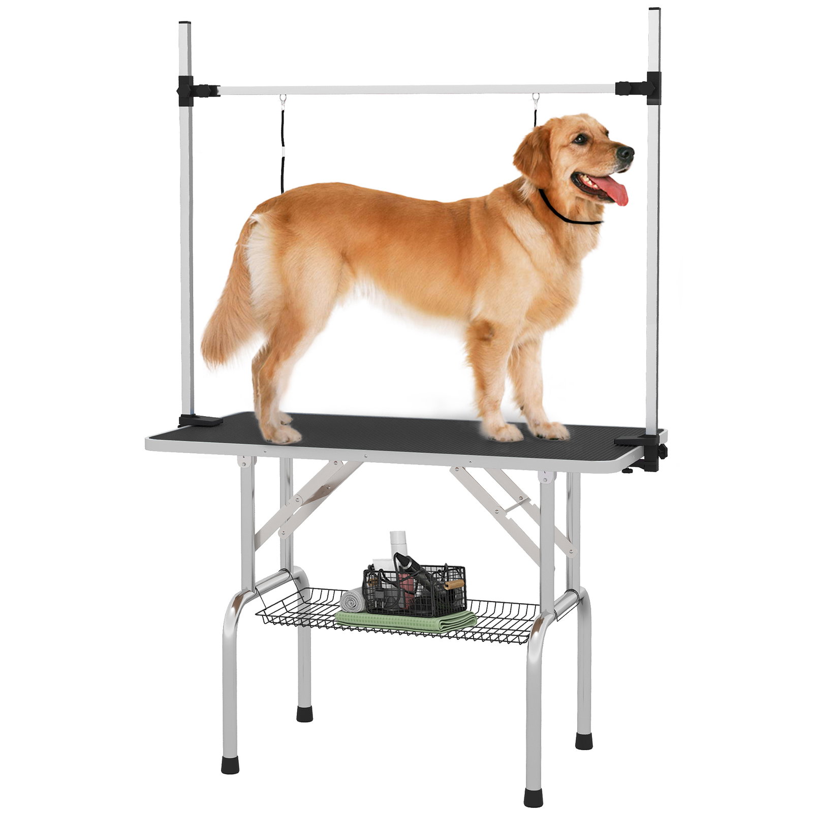Mesa de tosquia para cães dobrável com prateleira de armazenamento e altura ajustável 20-80 cm 107x60x170 cm preto