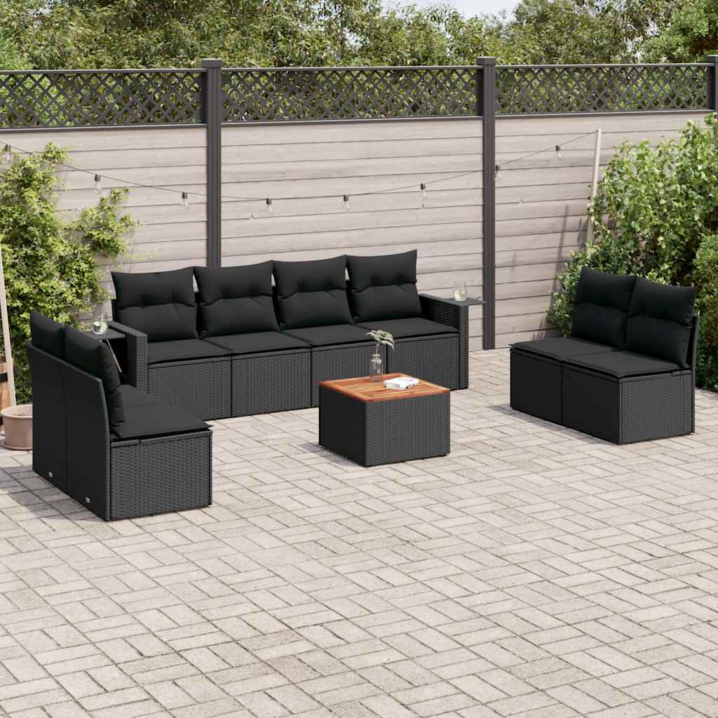 9 Pcs conjunto de sofás p/ jardim c/ almofadões vime PE preto