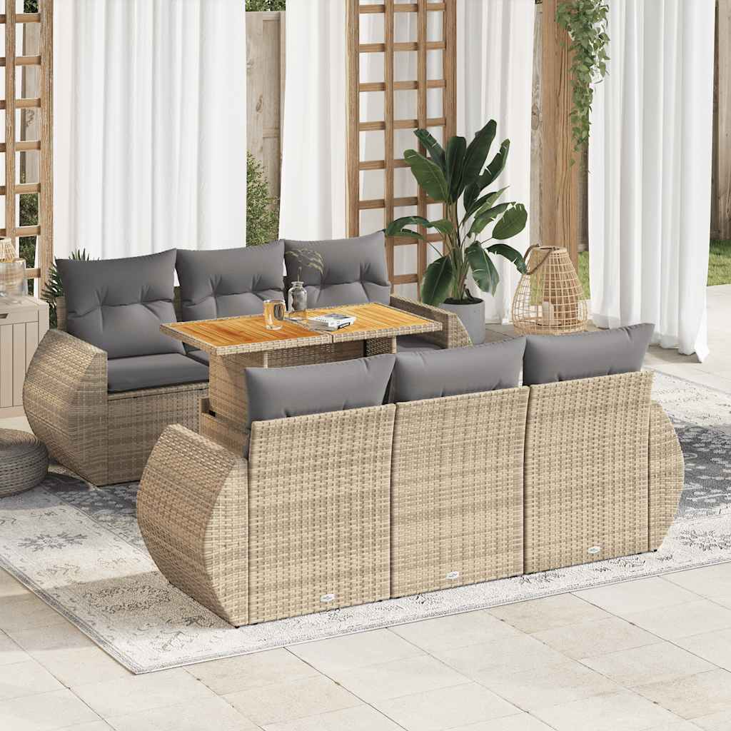 7 Pcs conjunto de sofás p/ jardim com almofadões vime PE bege