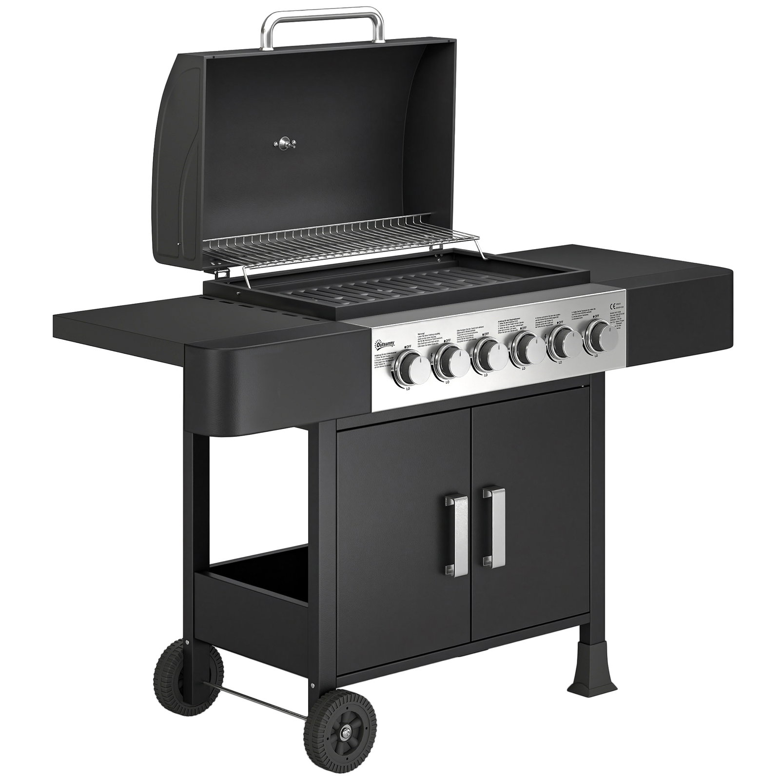 Barbecue a gás barbeceu com 6 queimadores 15 kw termómetro 2 prateleiras laterais earmário 135x51x101 cm preto