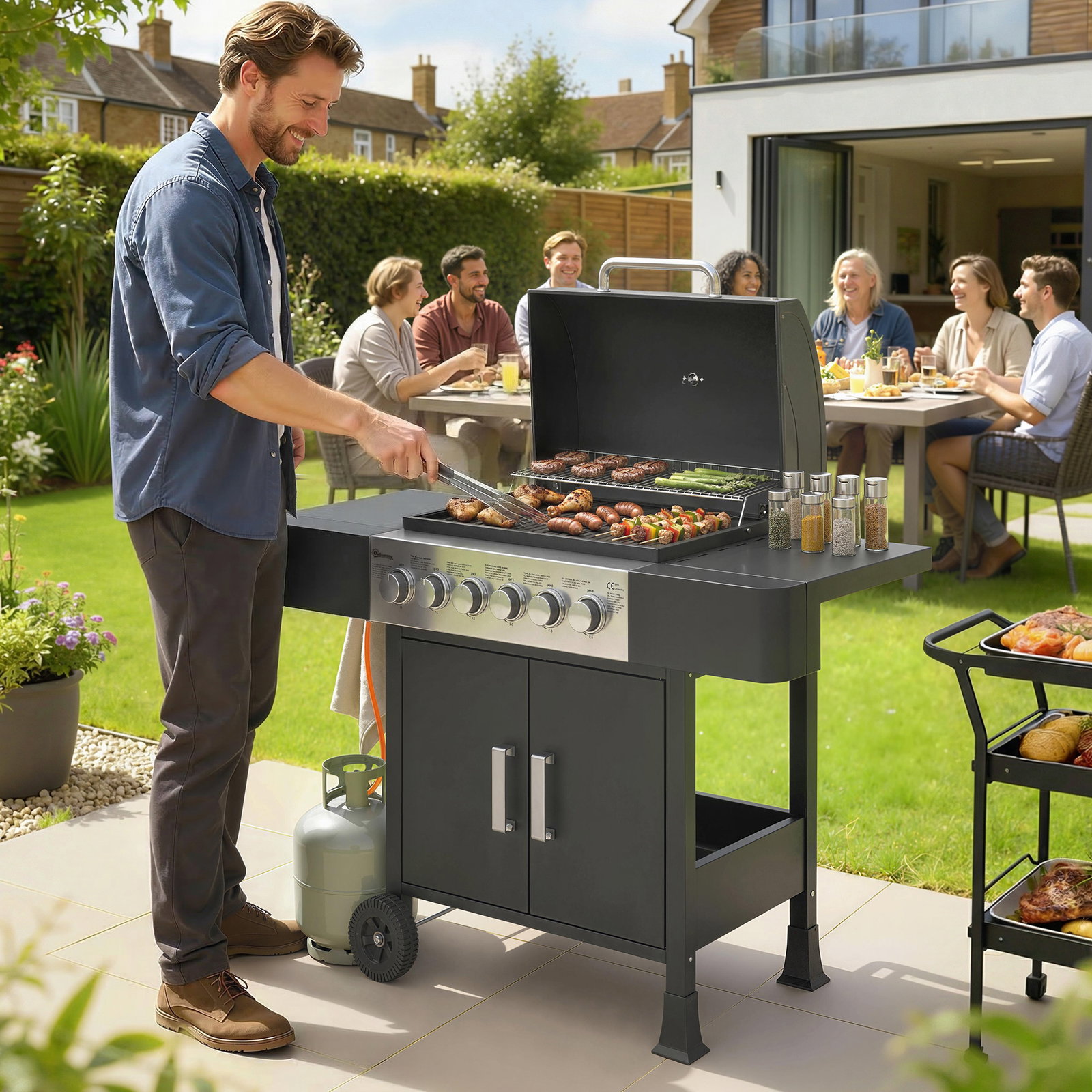 Barbecue a gás barbeceu com 6 queimadores 15 kw termómetro 2 prateleiras laterais earmário 135x51x101 cm preto