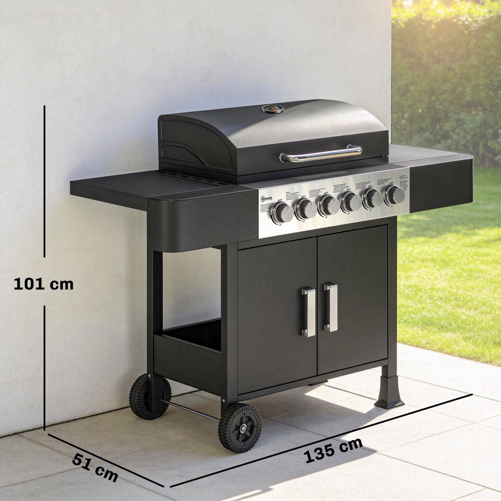 Barbecue a gás barbeceu com 6 queimadores 15 kw termómetro 2 prateleiras laterais earmário 135x51x101 cm preto