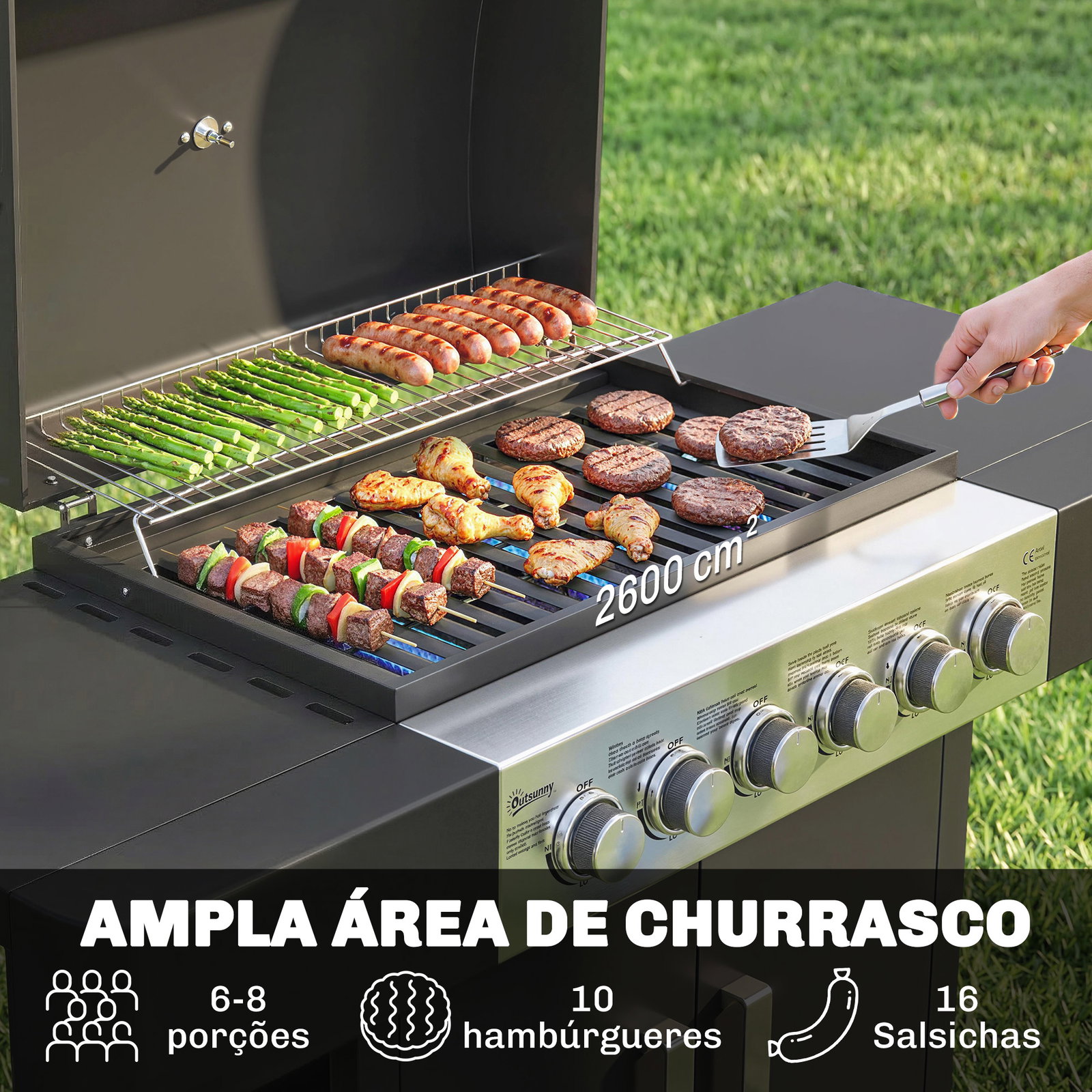 Barbecue a gás barbeceu com 6 queimadores 15 kw termómetro 2 prateleiras laterais earmário 135x51x101 cm preto