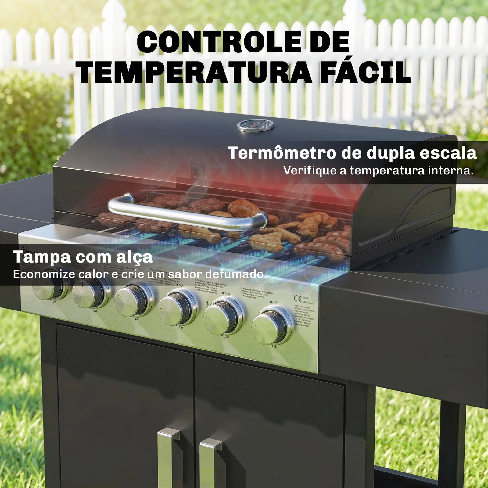 Barbecue a gás barbeceu com 6 queimadores 15 kw termómetro 2 prateleiras laterais earmário 135x51x101 cm preto
