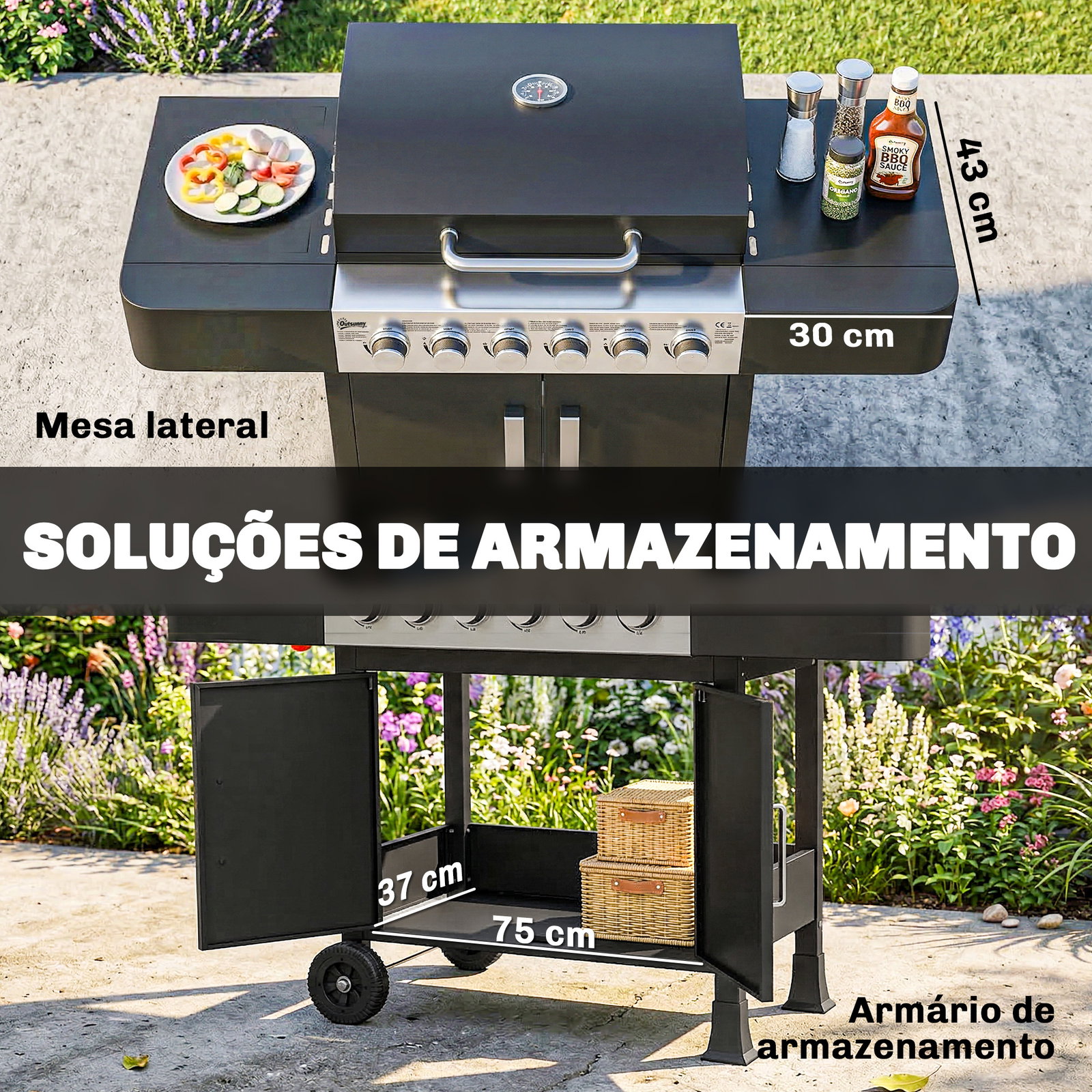 Barbecue a gás barbeceu com 6 queimadores 15 kw termómetro 2 prateleiras laterais earmário 135x51x101 cm preto