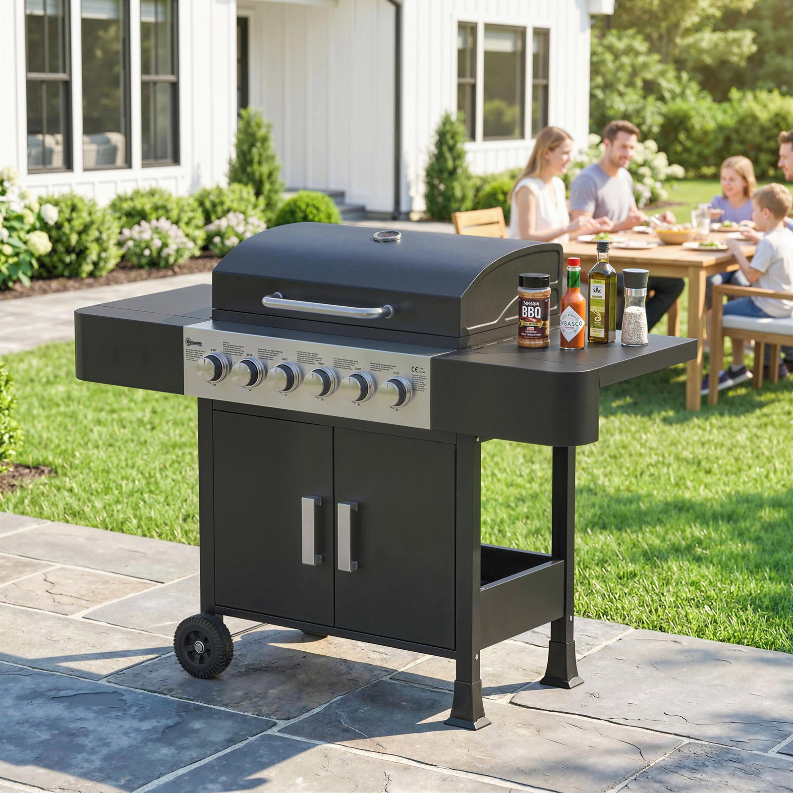Barbecue a gás barbeceu com 6 queimadores 15 kw termómetro 2 prateleiras laterais earmário 135x51x101 cm preto