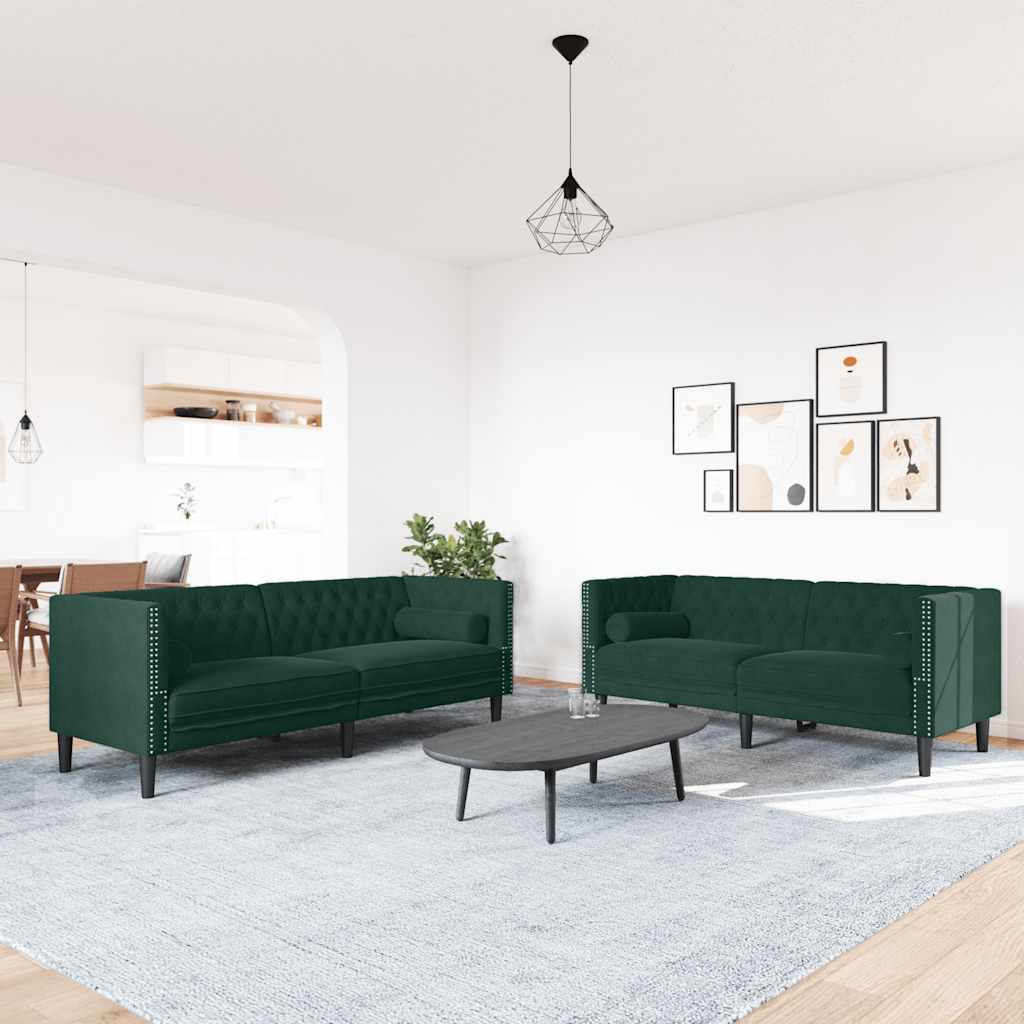 2 Pcs conj. de sofás chesterfield com rolos veludo verde-escuro